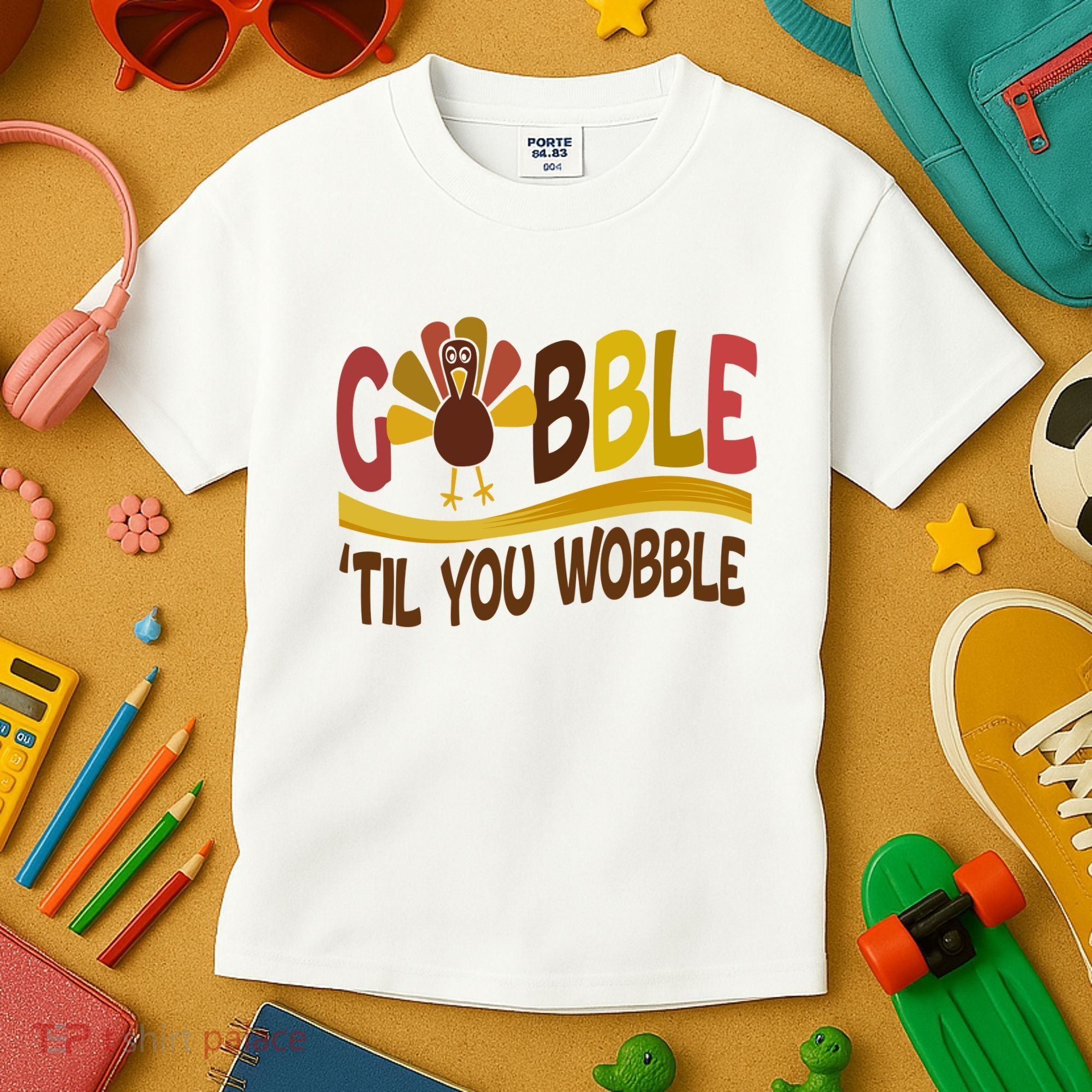 Gobble Til You Wobble Thanksgiving Funny Kids T-Shirt
