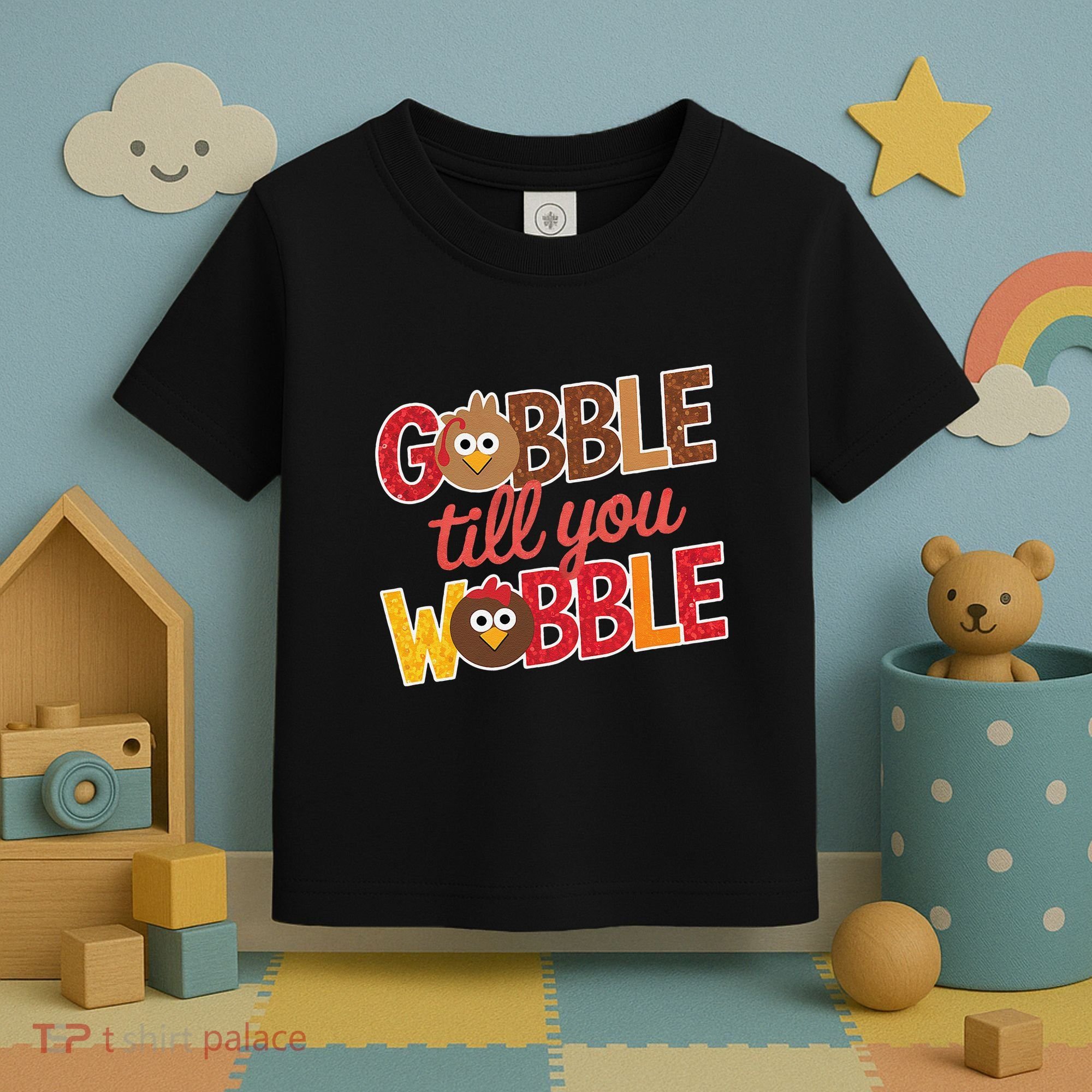 Gobble Till You Wobble Cartoon Turkey Funny Thanksgiving Toddler T-Shirt