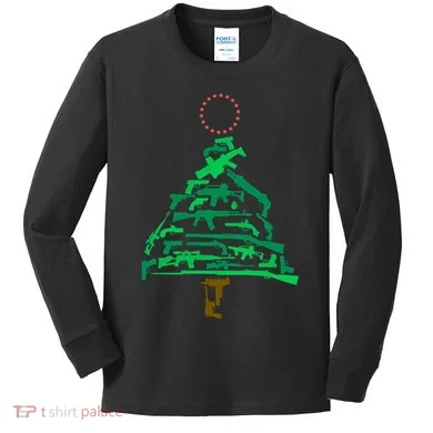 Gun Christmas Tree Kids Long Sleeve Shirt