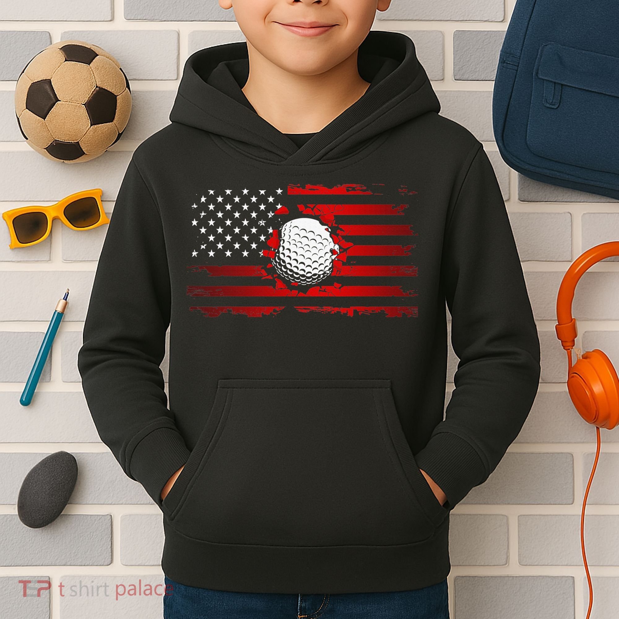 Golf USA Support Team American Flag Golf Sports Kids Hoodie
