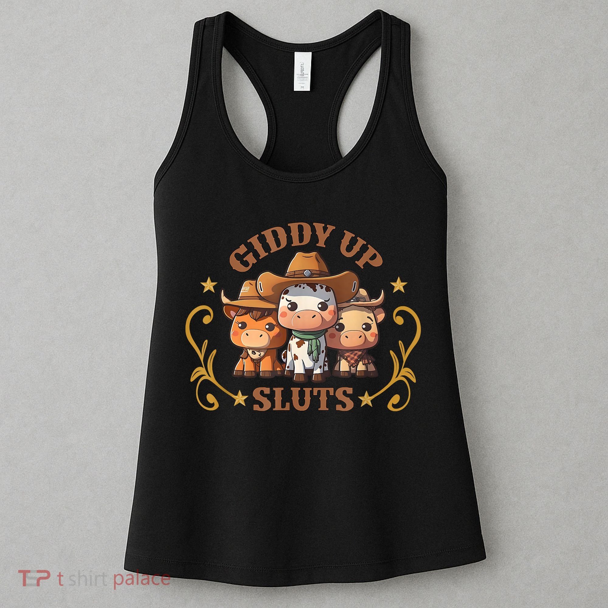 Giddy Up Sluts Funny Western Cowgirl Ranch Rodeo Country Cow Women's Tank Top