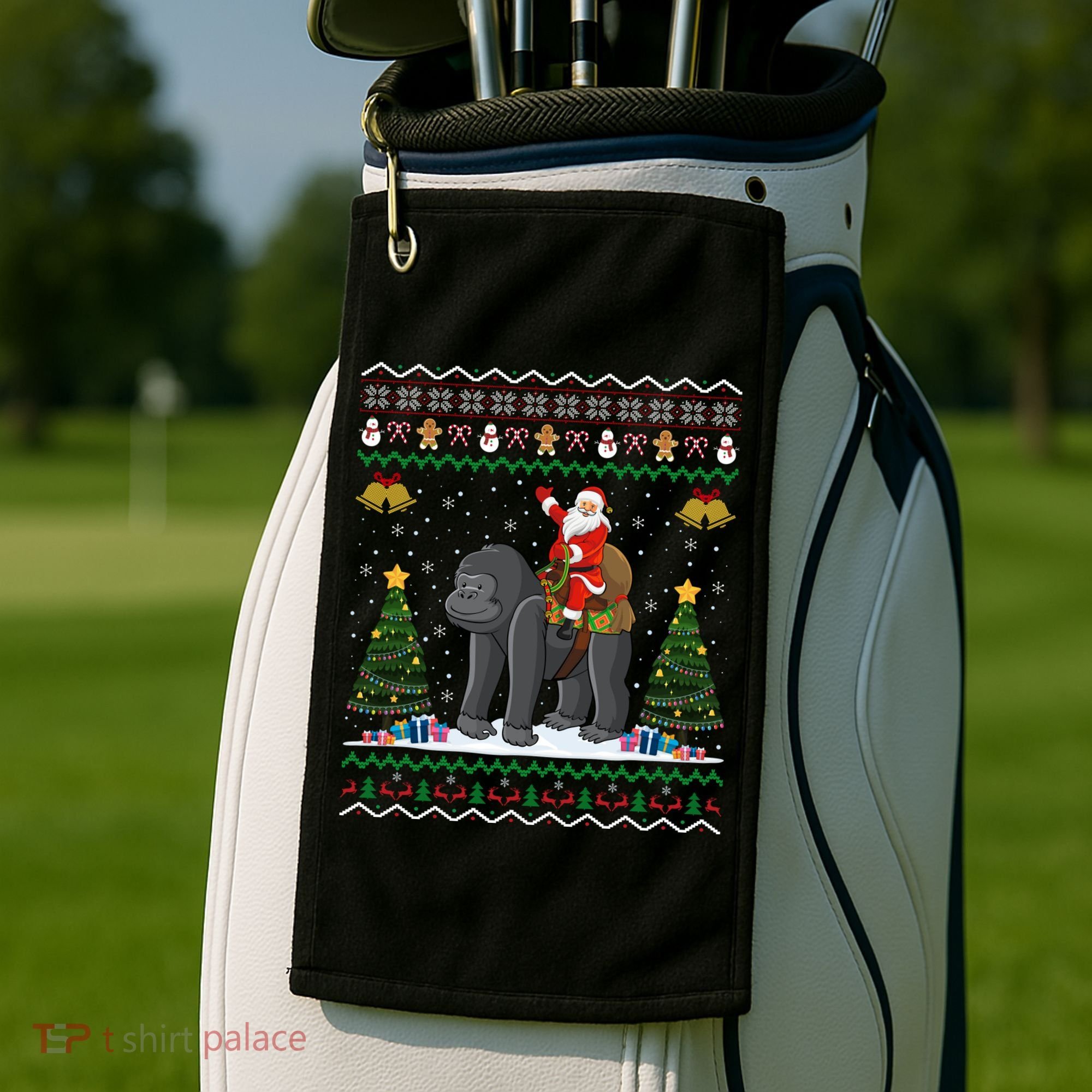Gorilla Ugly Xmas Gift Santa Riding Gorilla Christmas Gift Golf Towel