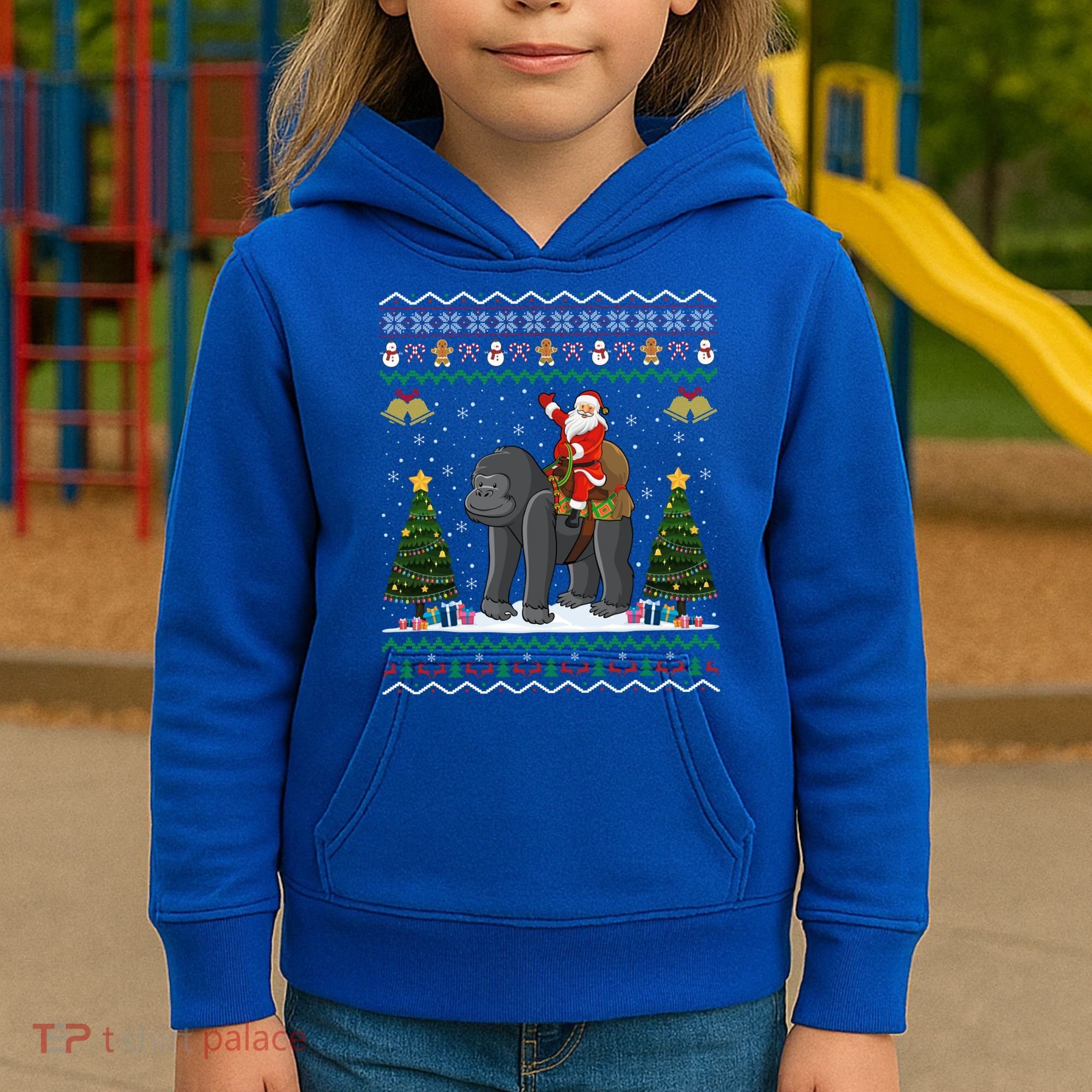 Gorilla Ugly Xmas Gift Santa Riding Gorilla Christmas Gift Kids Hoodie