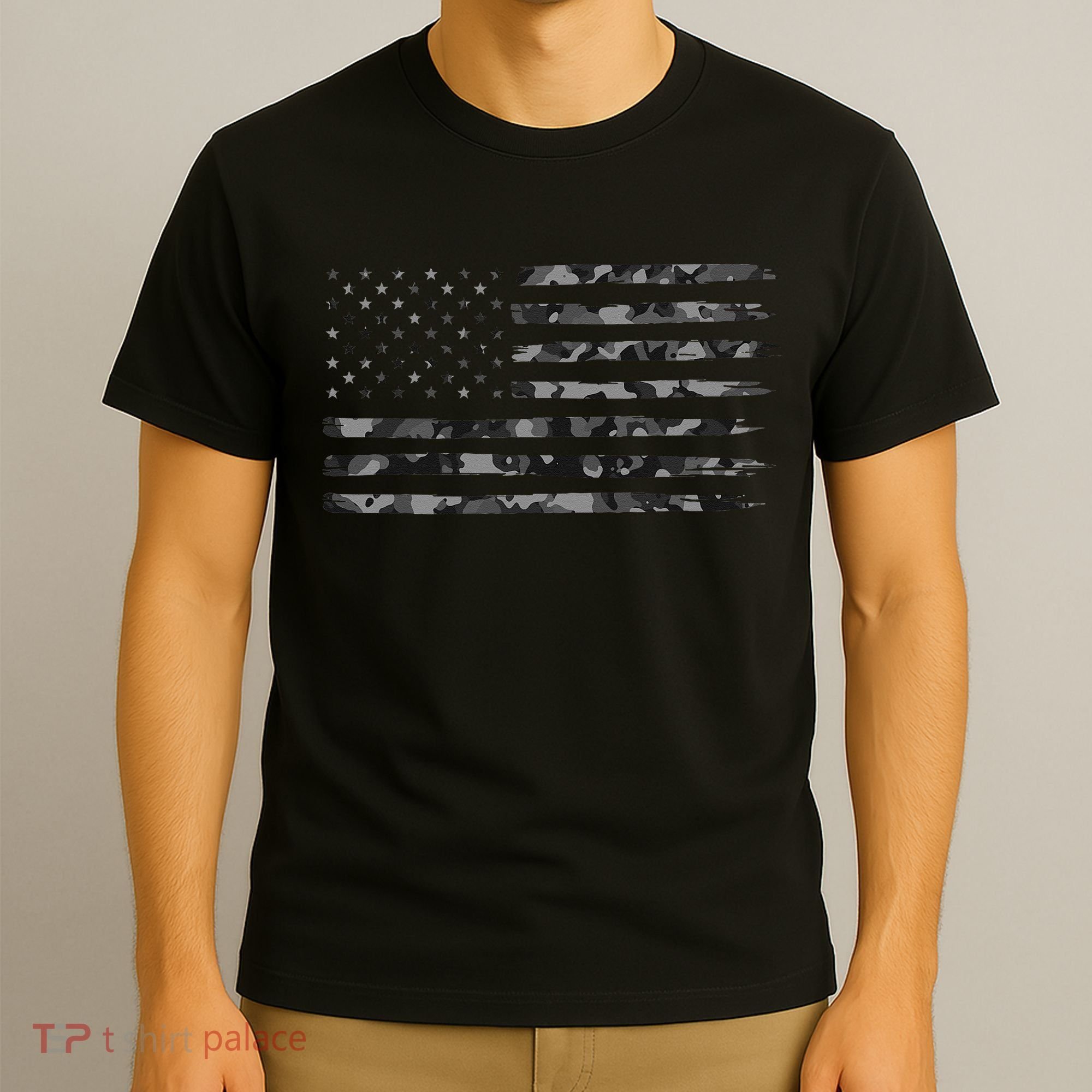 Grey Vintage Camo American Flag T-Shirt