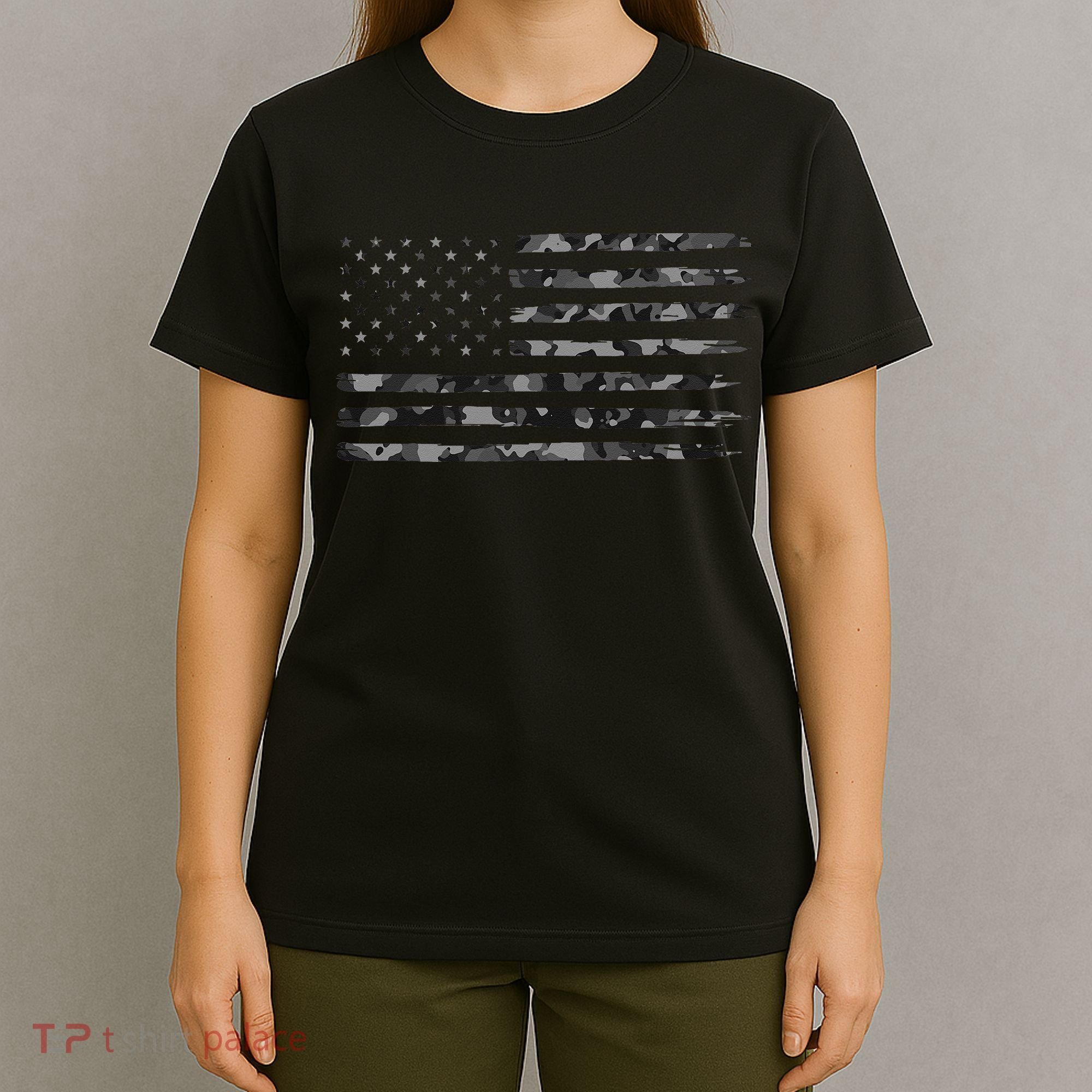 Grey Vintage Camo American Flag T-Shirt