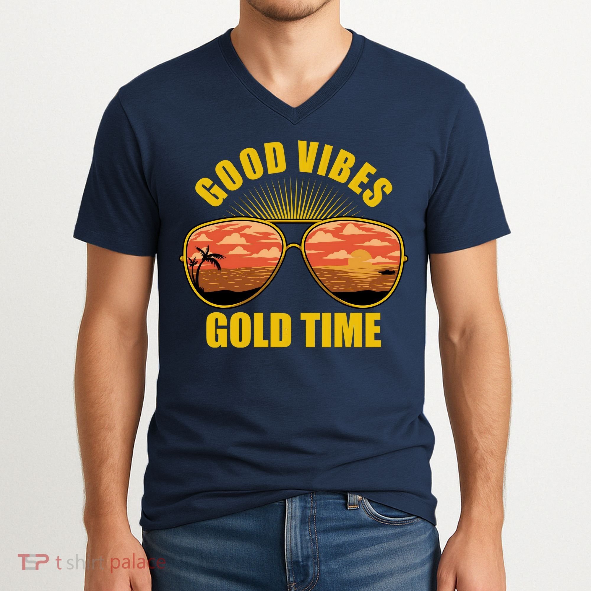 Good Vibes Gold Time Tropical Beach V-Neck T-Shirt