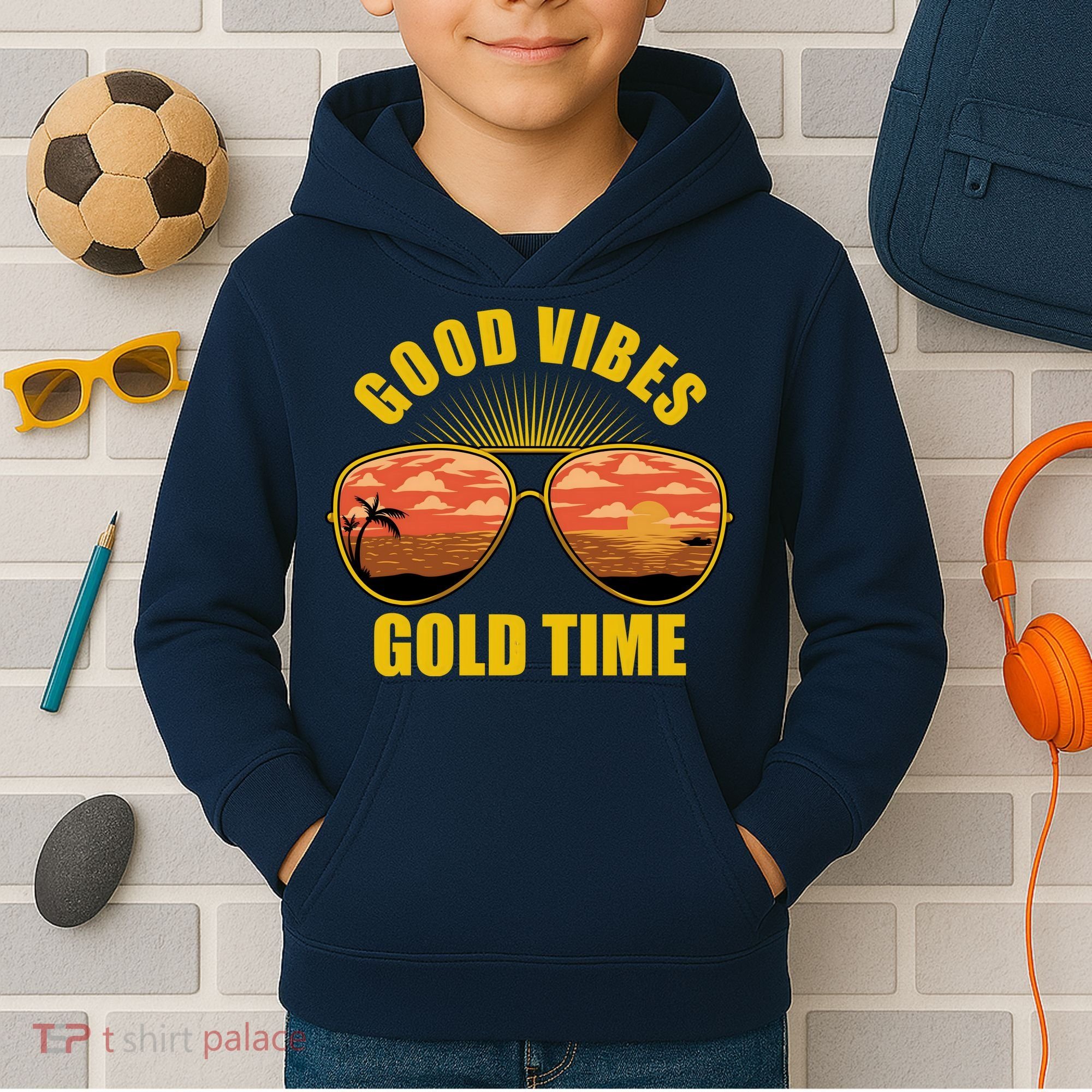 Good Vibes Gold Time Tropical Beach Kids Hoodie