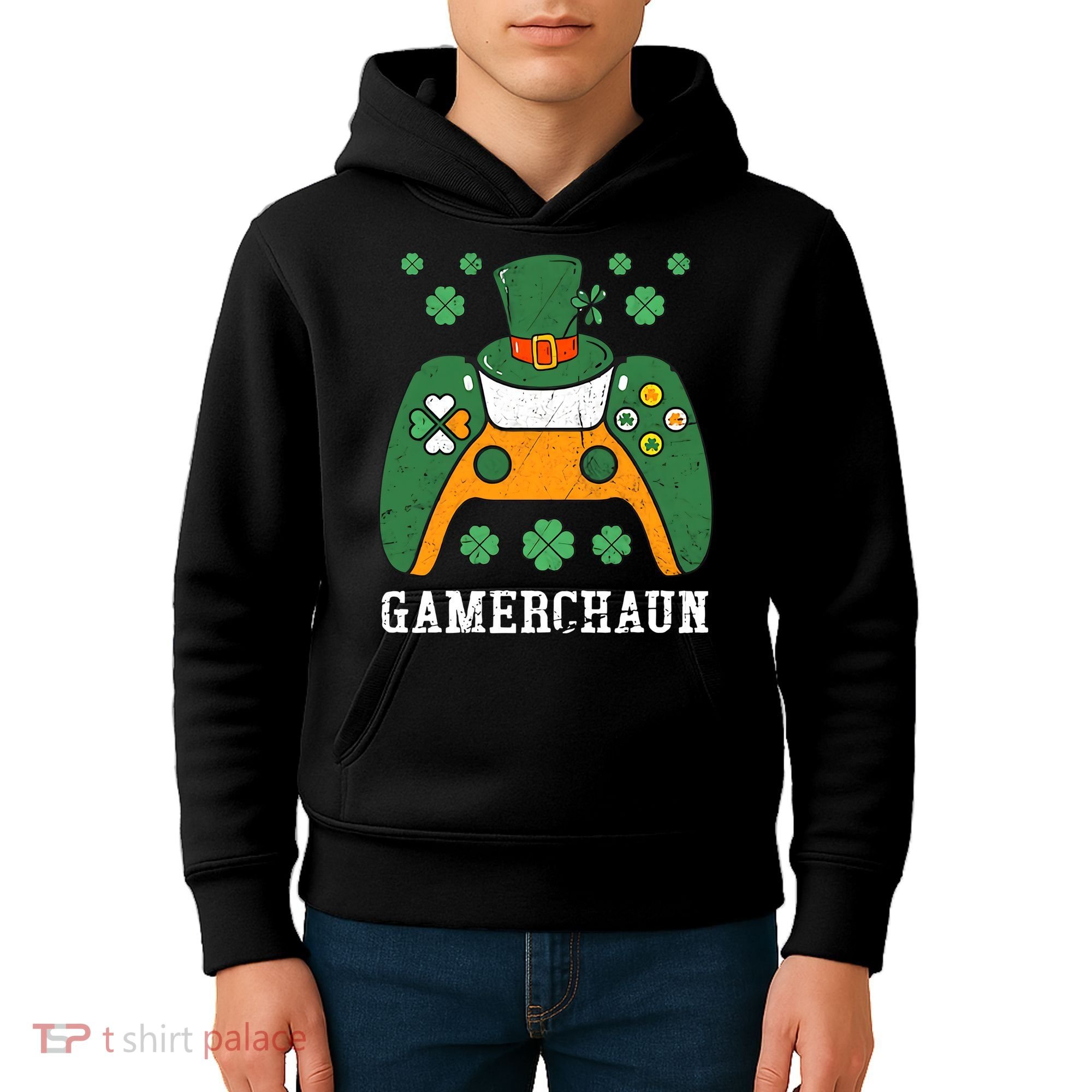 Gamerchaun Video Game St Patrick's Day Gamer Game Controller Kids Hoodie