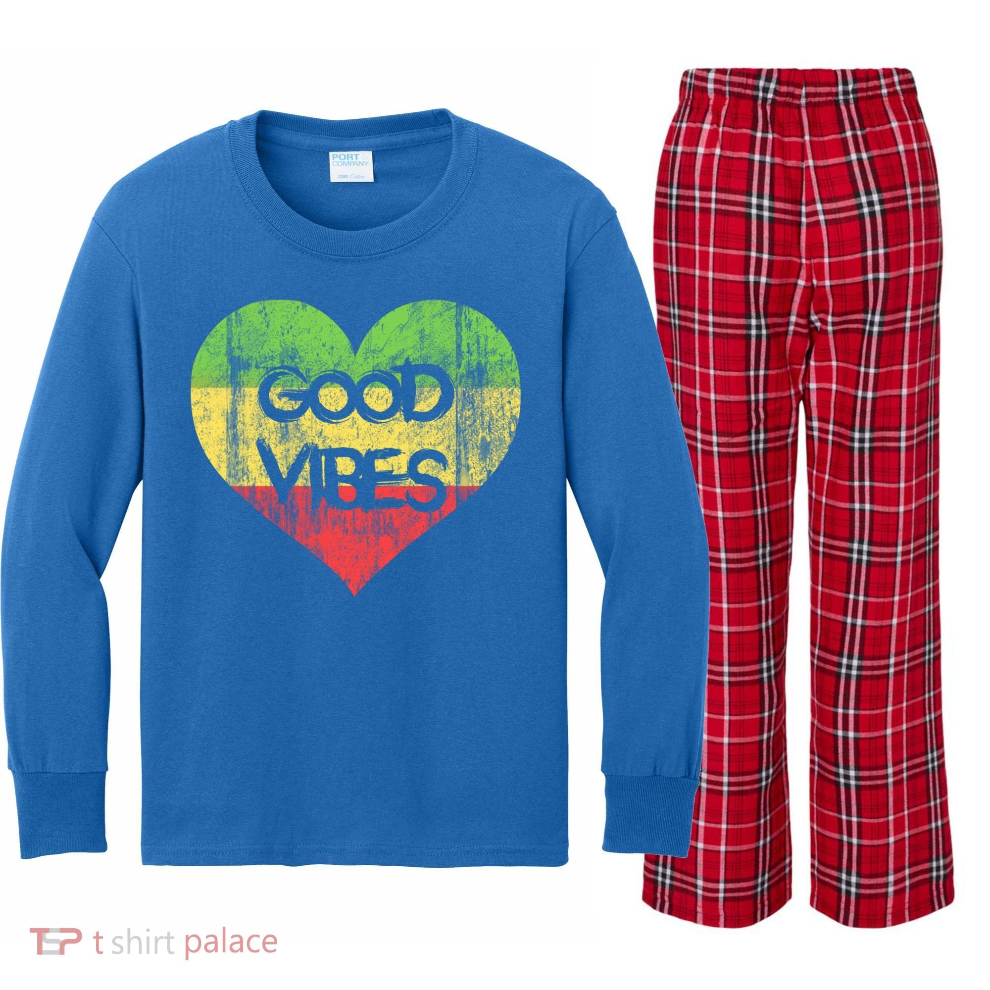 Good Vibes One Love One Heart Rastafari Gift Kids Long Sleeve Plaid Pajama Set