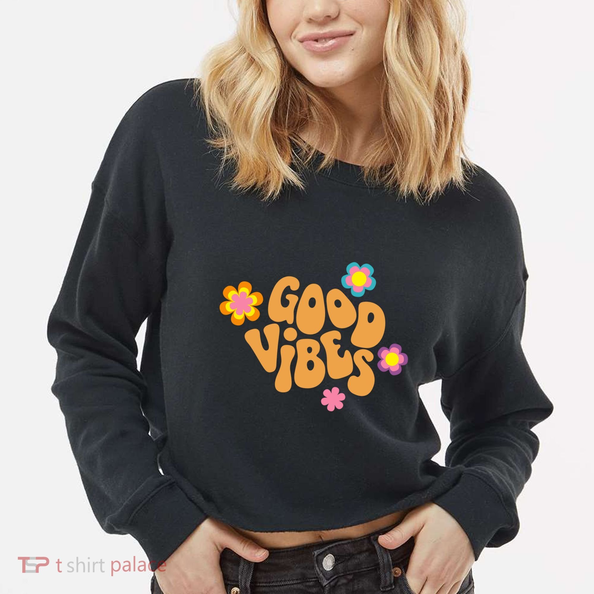 Good Vibes Retro Groovy Flower Cropped Pullover Crew