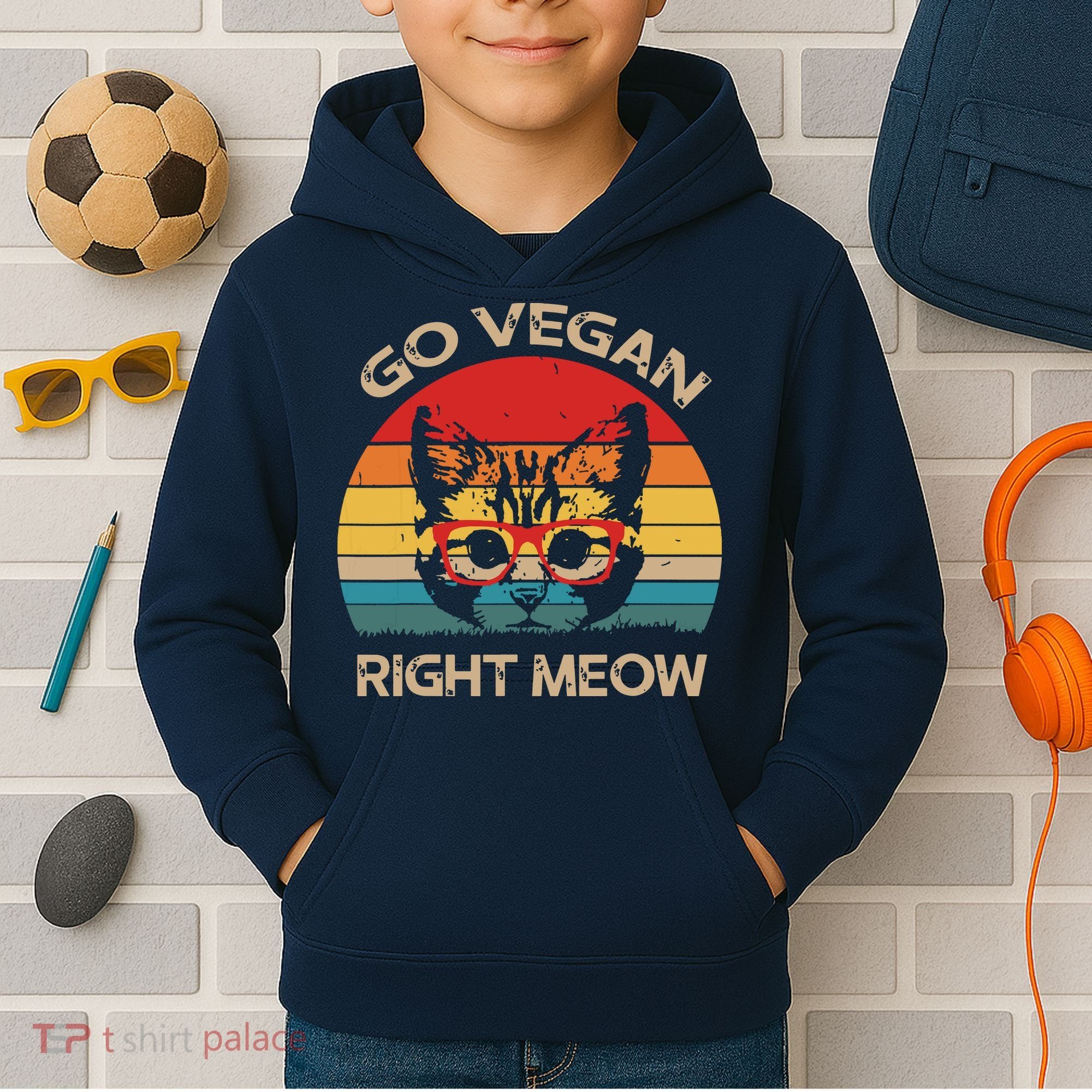 Go Vegan Right Meow Funny Cat Vegan Kids Hoodie