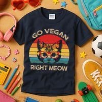 Go Vegan Right Meow Funny Cat Vegan Kids T-Shirt thumb 3