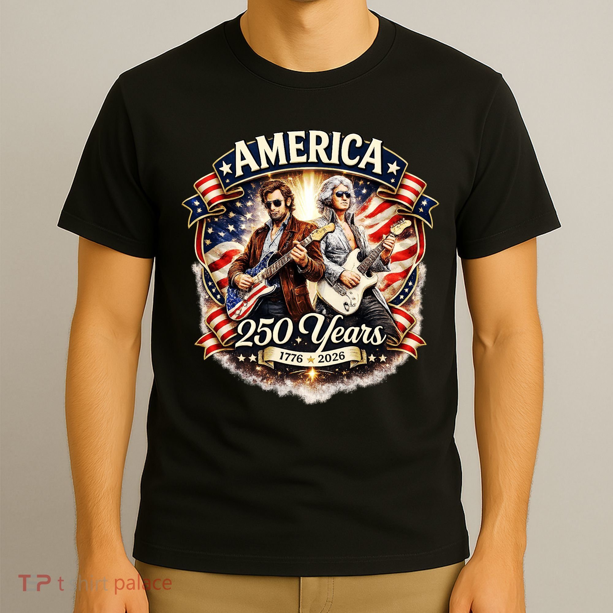 George Washington Abe Lincoln Playing Guitar 250 Years 1776-2026 T-Shirt