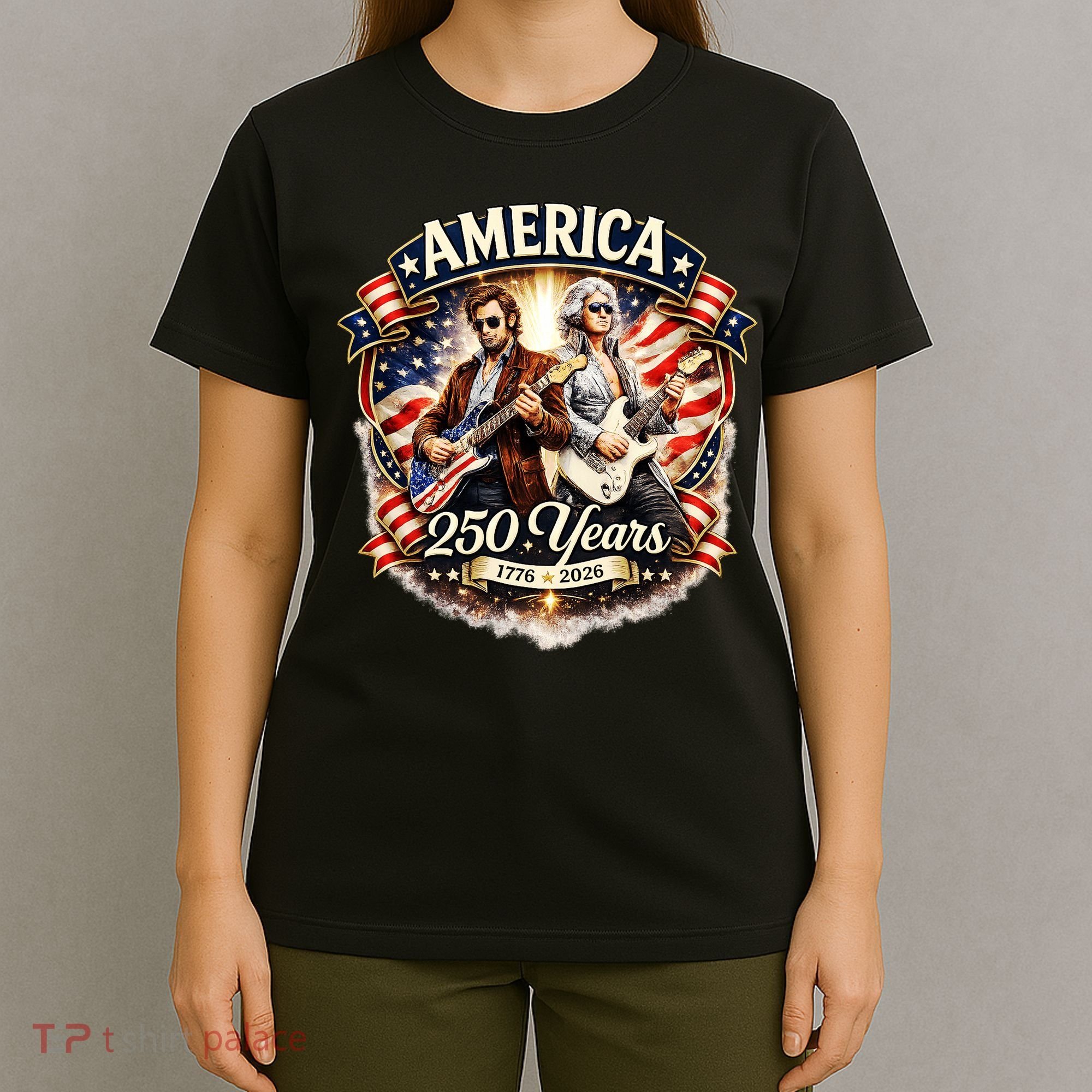 George Washington Abe Lincoln Playing Guitar 250 Years 1776-2026 T-Shirt