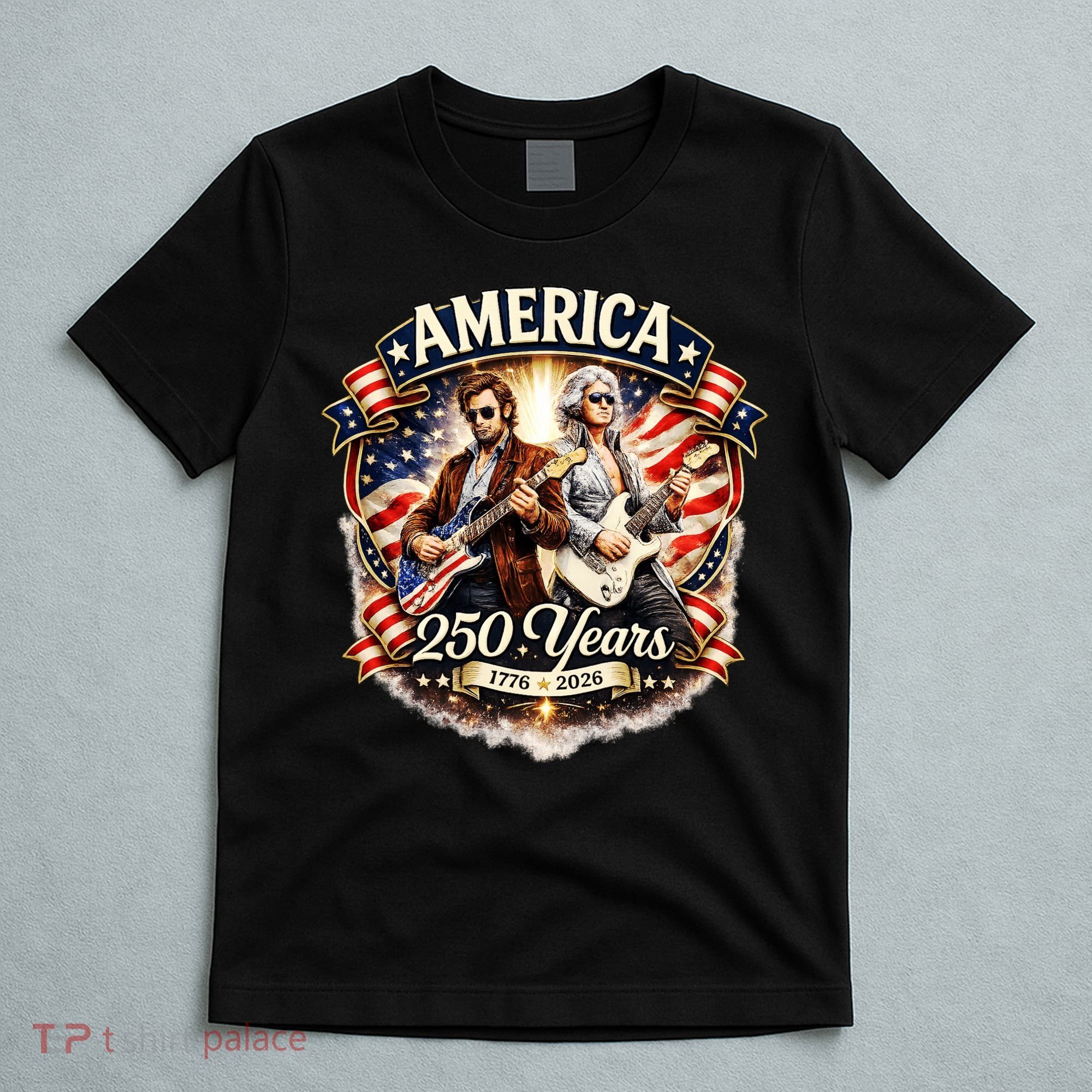 George Washington Abe Lincoln Playing Guitar 250 Years 1776-2026 T-Shirt