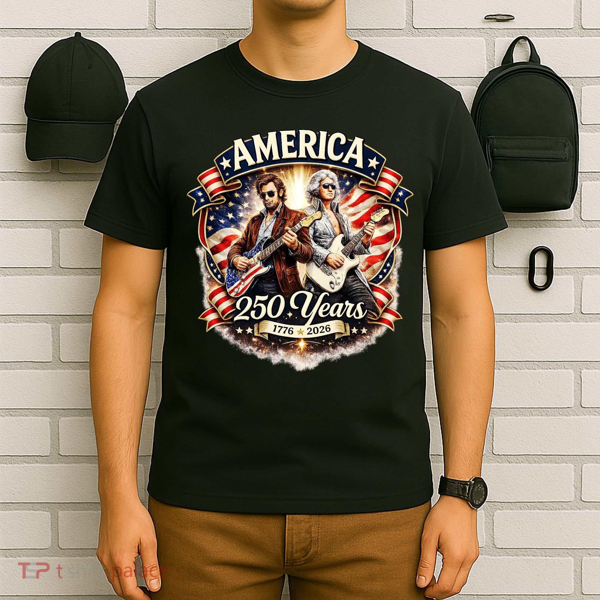 George Washington Abe Lincoln Playing Guitar 250 Years 1776-2026 T-Shirt