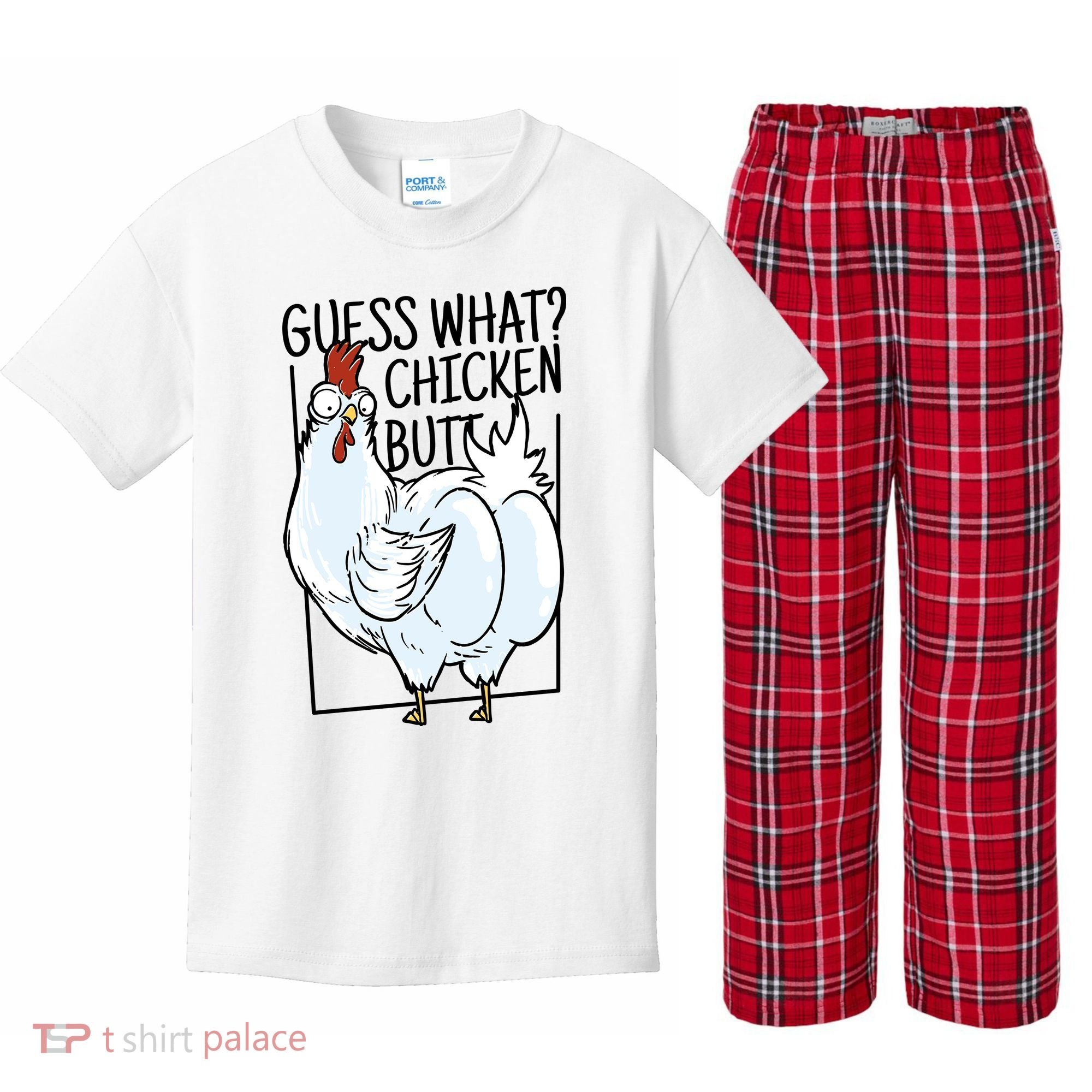 Guess What Chicken Butt Funny Kids Plaid Pajama Set