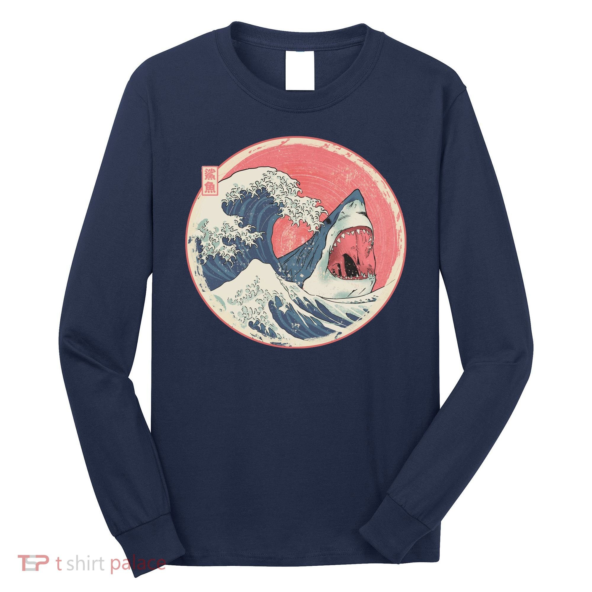 Great Wave Great White Shark Traditional Painting Long Sleeve Shirt