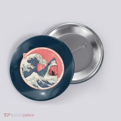 Great Wave Great White Shark Traditional Painting Button