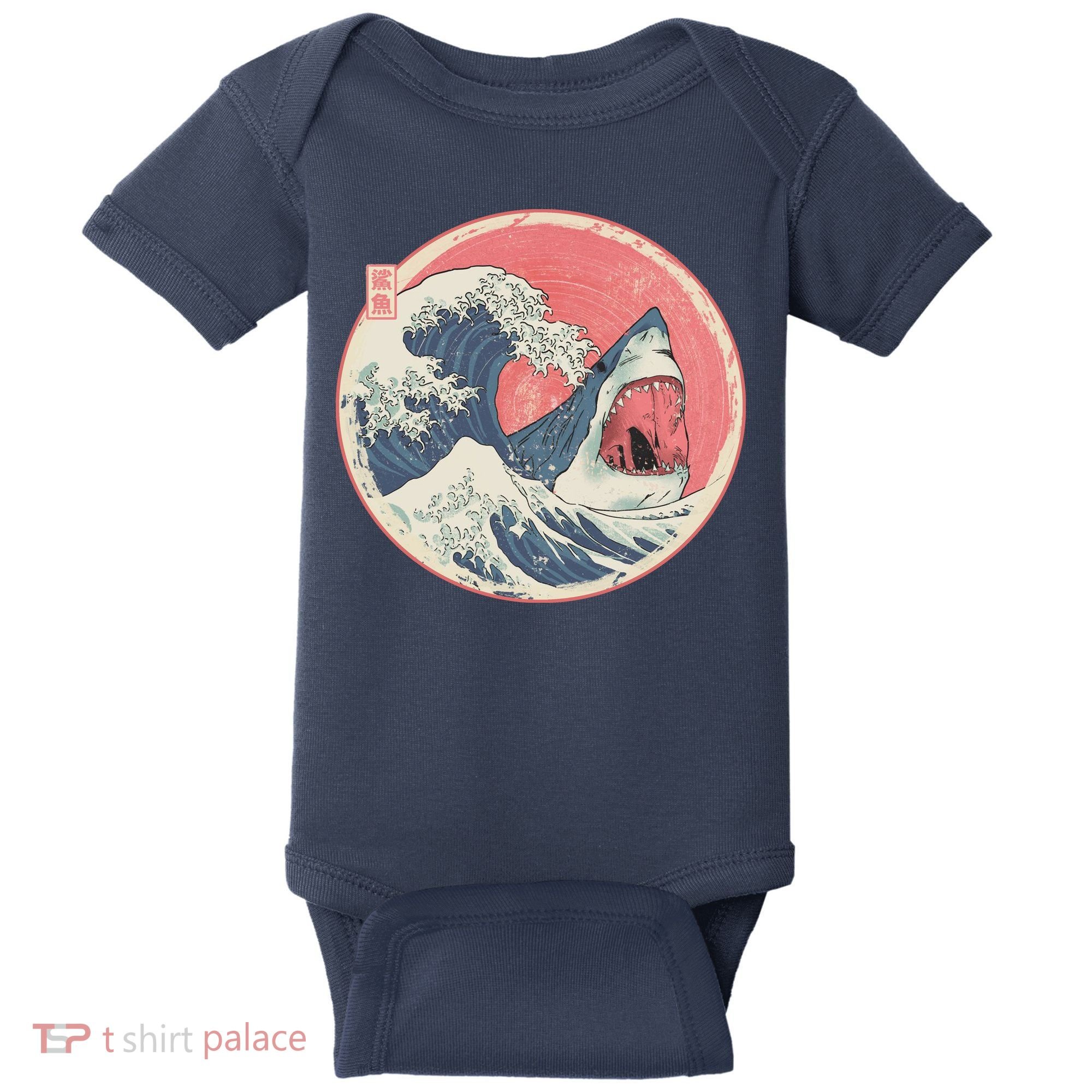 Great Wave Great White Shark Traditional Painting Baby Bodysuit