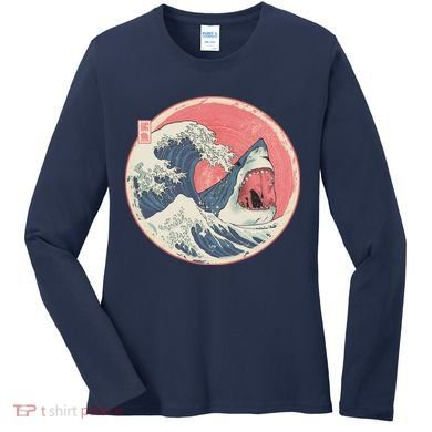 Great Wave Great White Shark Traditional Painting Women's Long Sleeve Shirt