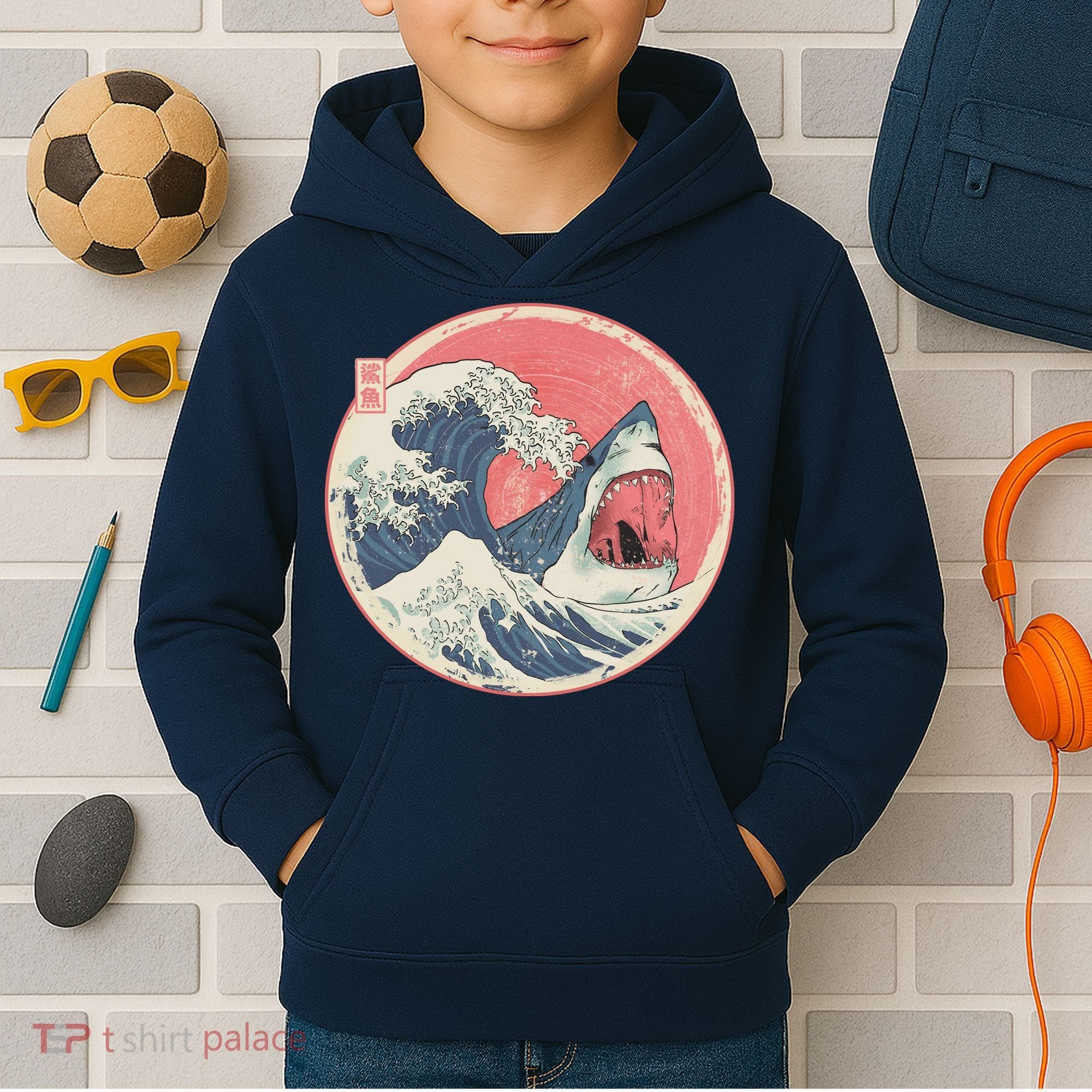 Great Wave Great White Shark Traditional Painting Kids Hoodie