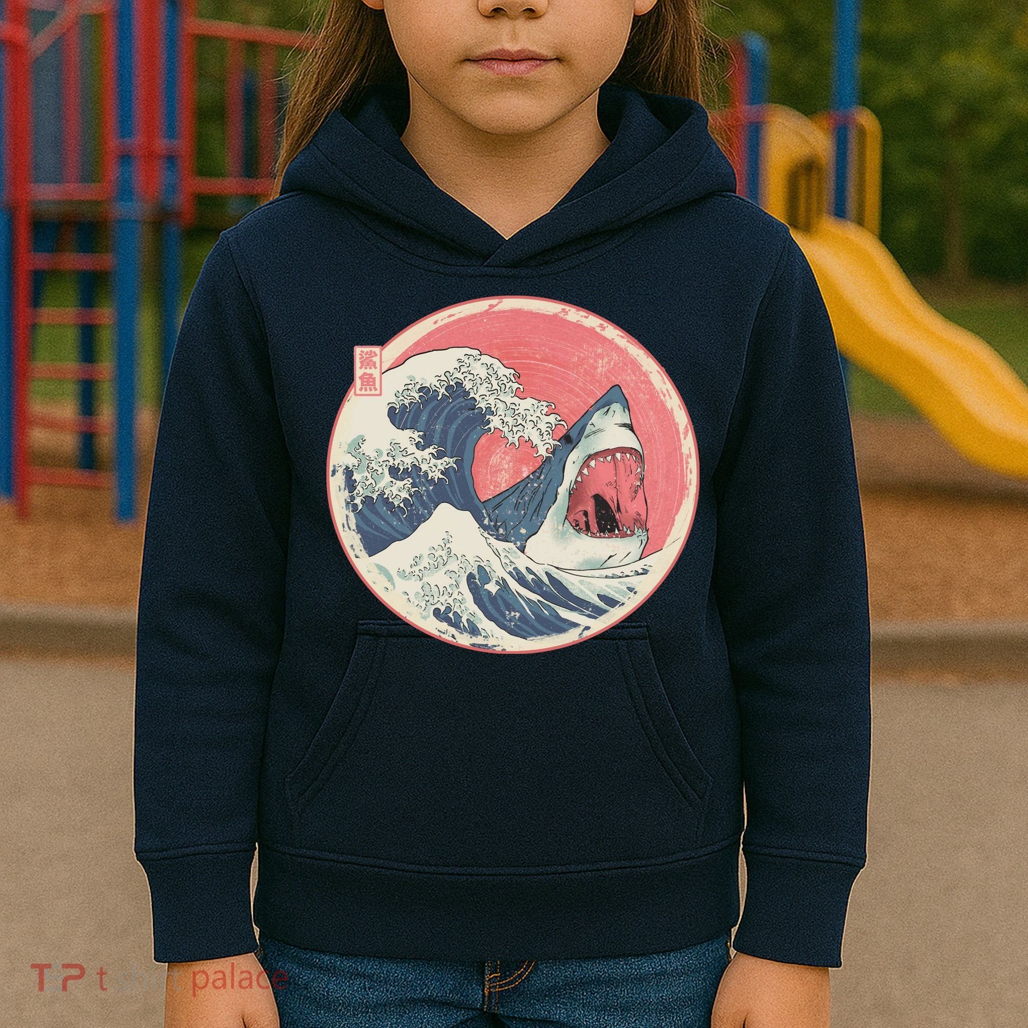 Great Wave Great White Shark Traditional Painting Kids Hoodie