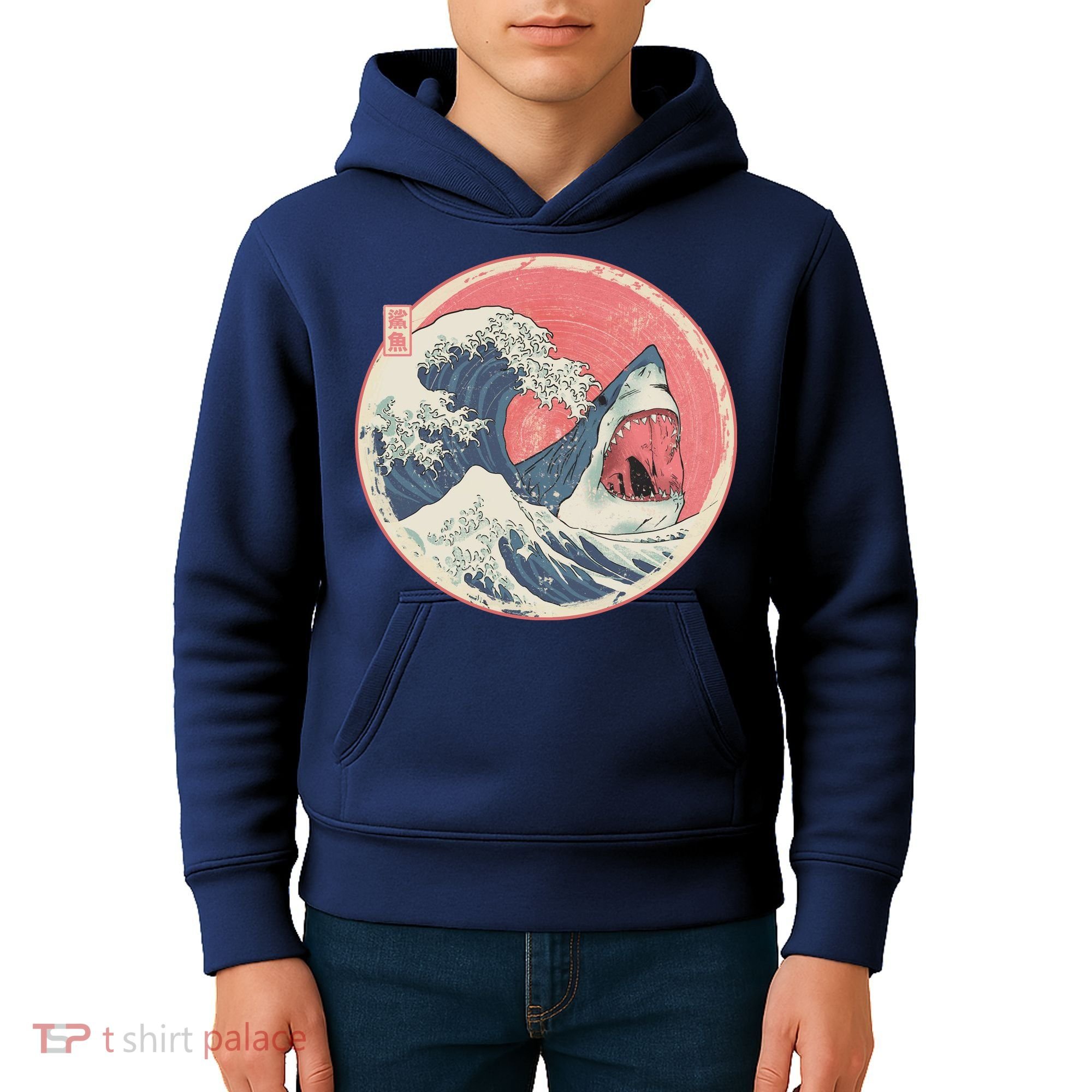 Great Wave Great White Shark Traditional Painting Kids Hoodie