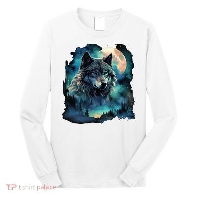 Grey Wolf Hunting Grounds Icy Moon Forest Galaxy Long Sleeve Shirt