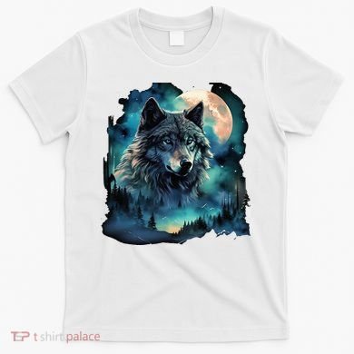 Grey Wolf Hunting Grounds Icy Moon Forest Galaxy T-Shirt