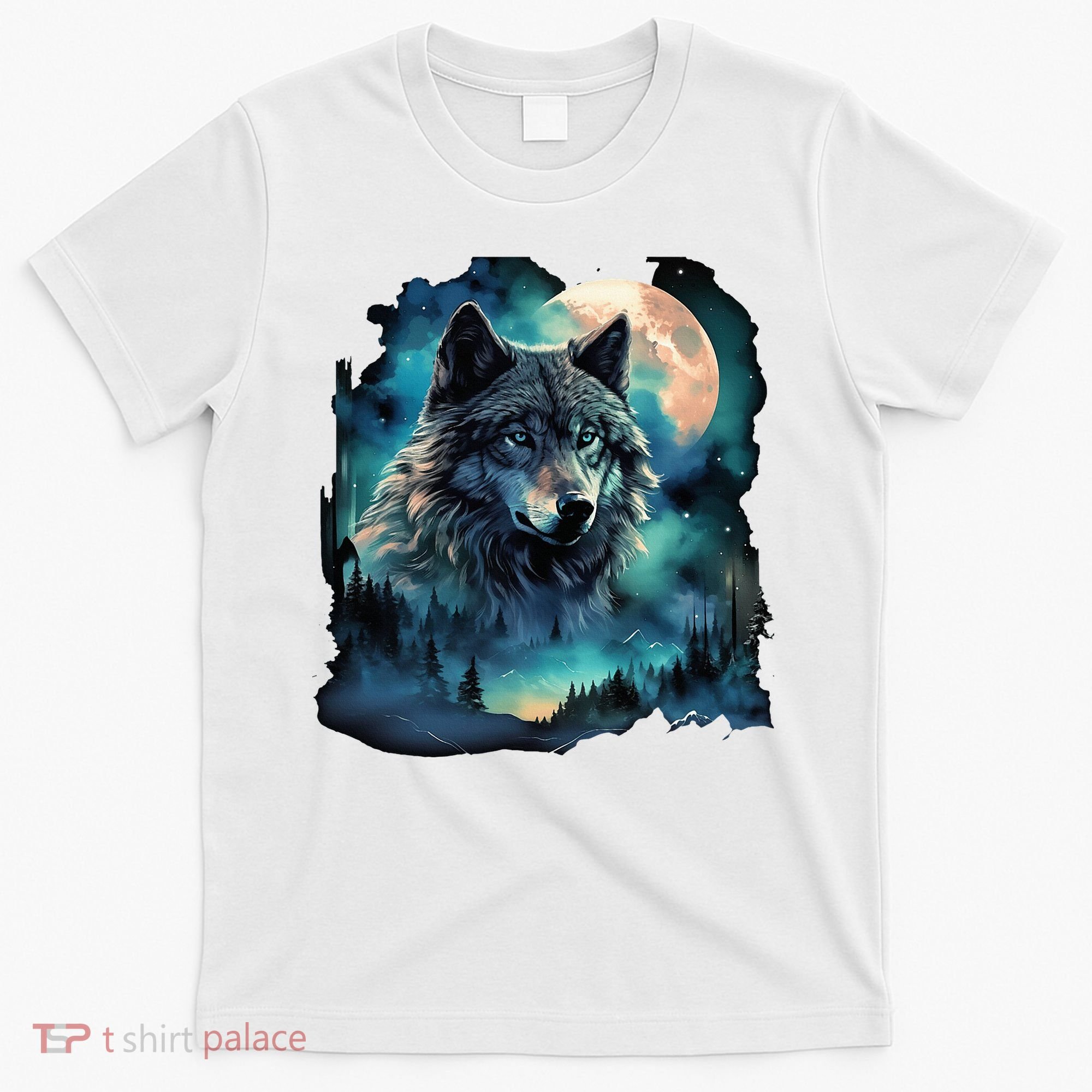 Grey Wolf Hunting Grounds Icy Moon Forest Galaxy T-Shirt