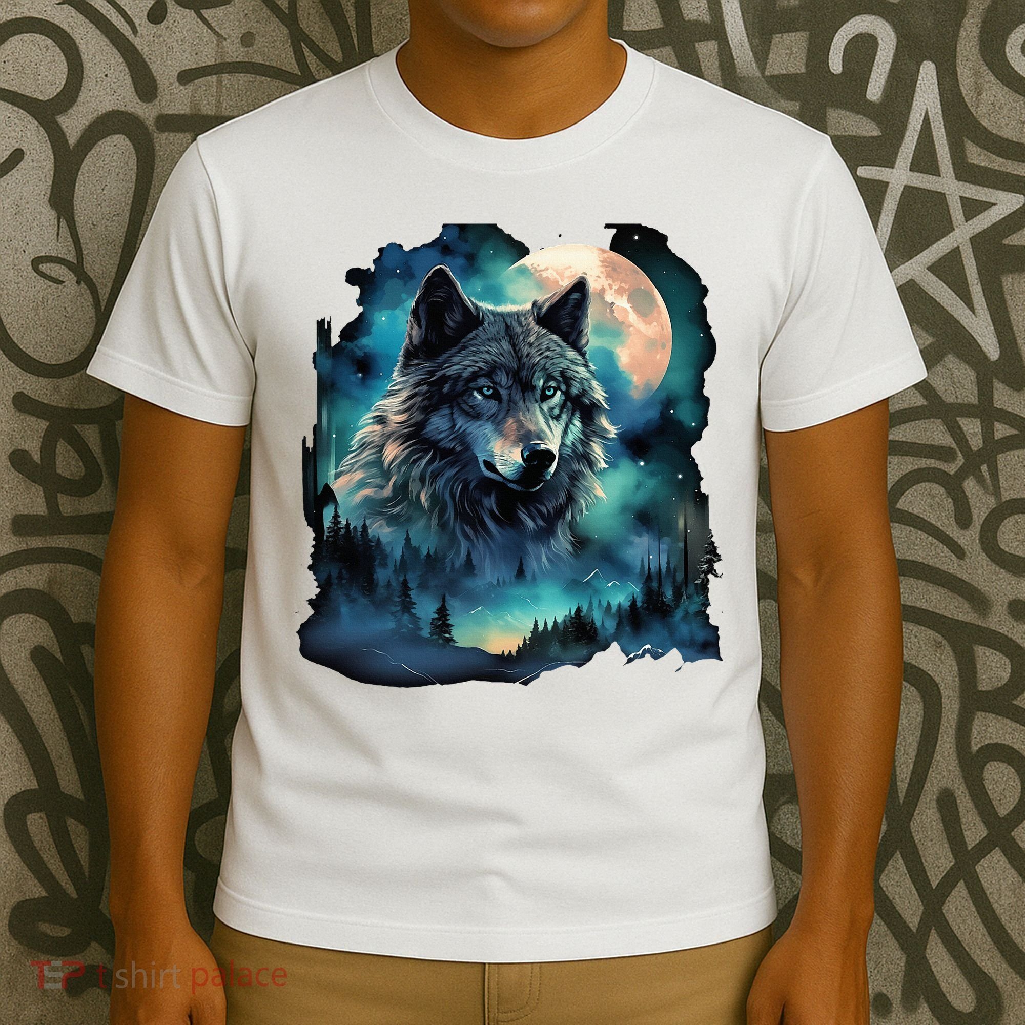 Grey Wolf Hunting Grounds Icy Moon Forest Galaxy T-Shirt