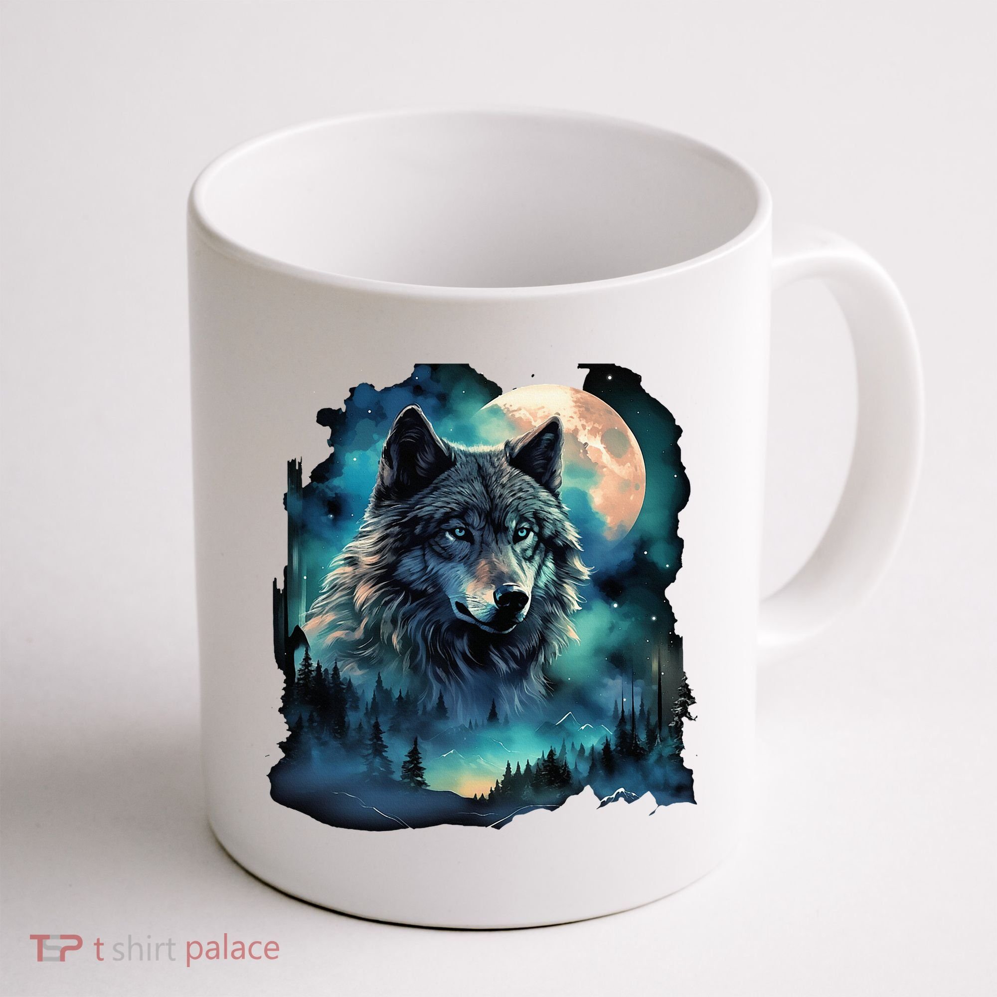Grey Wolf Hunting Grounds Icy Moon Forest Galaxy Coffee Mug