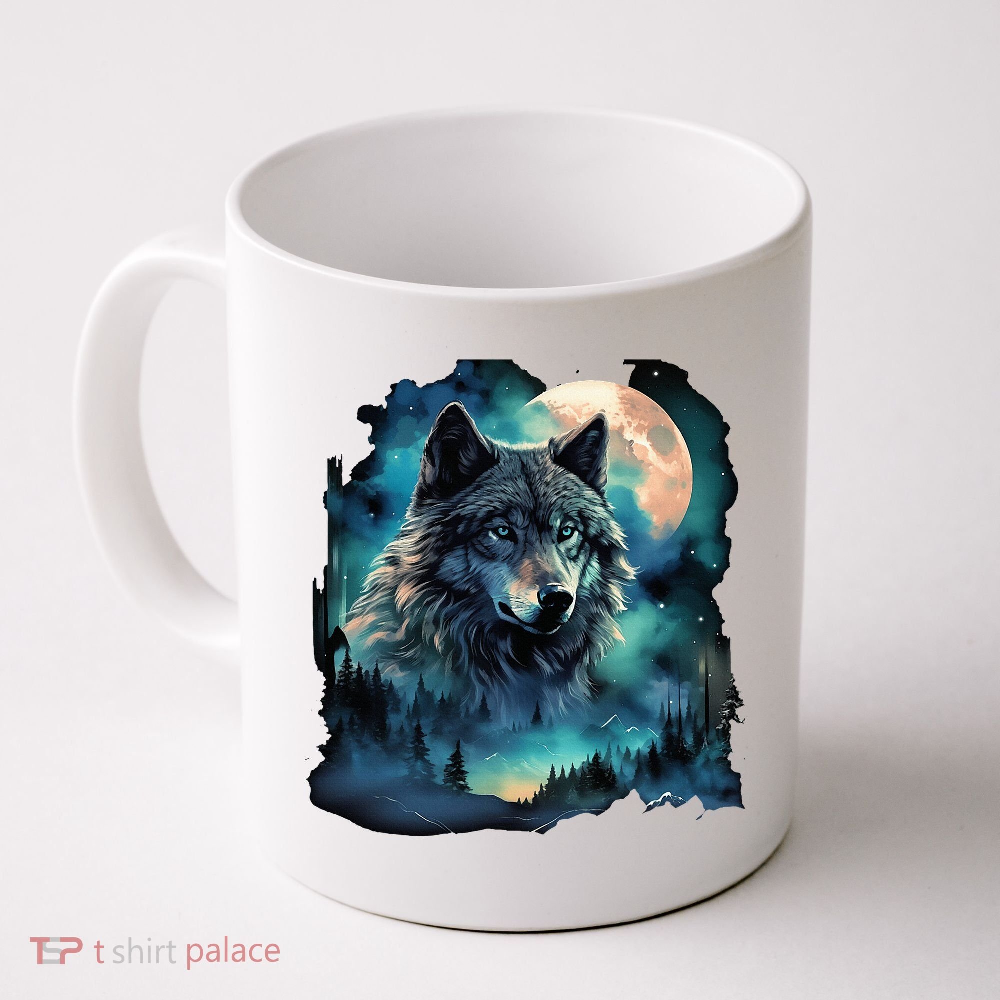 Grey Wolf Hunting Grounds Icy Moon Forest Galaxy Coffee Mug