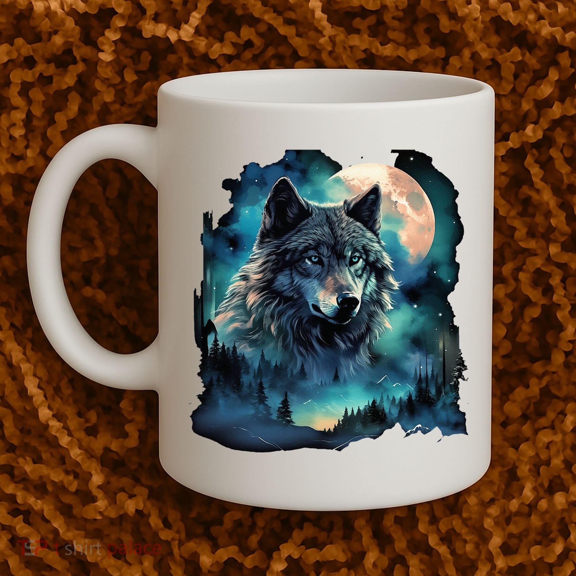 Grey Wolf Hunting Grounds Icy Moon Forest Galaxy Coffee Mug
