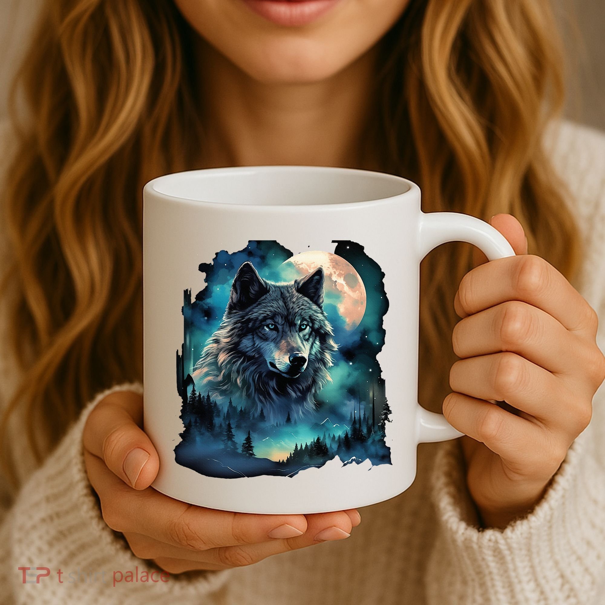 Grey Wolf Hunting Grounds Icy Moon Forest Galaxy Coffee Mug
