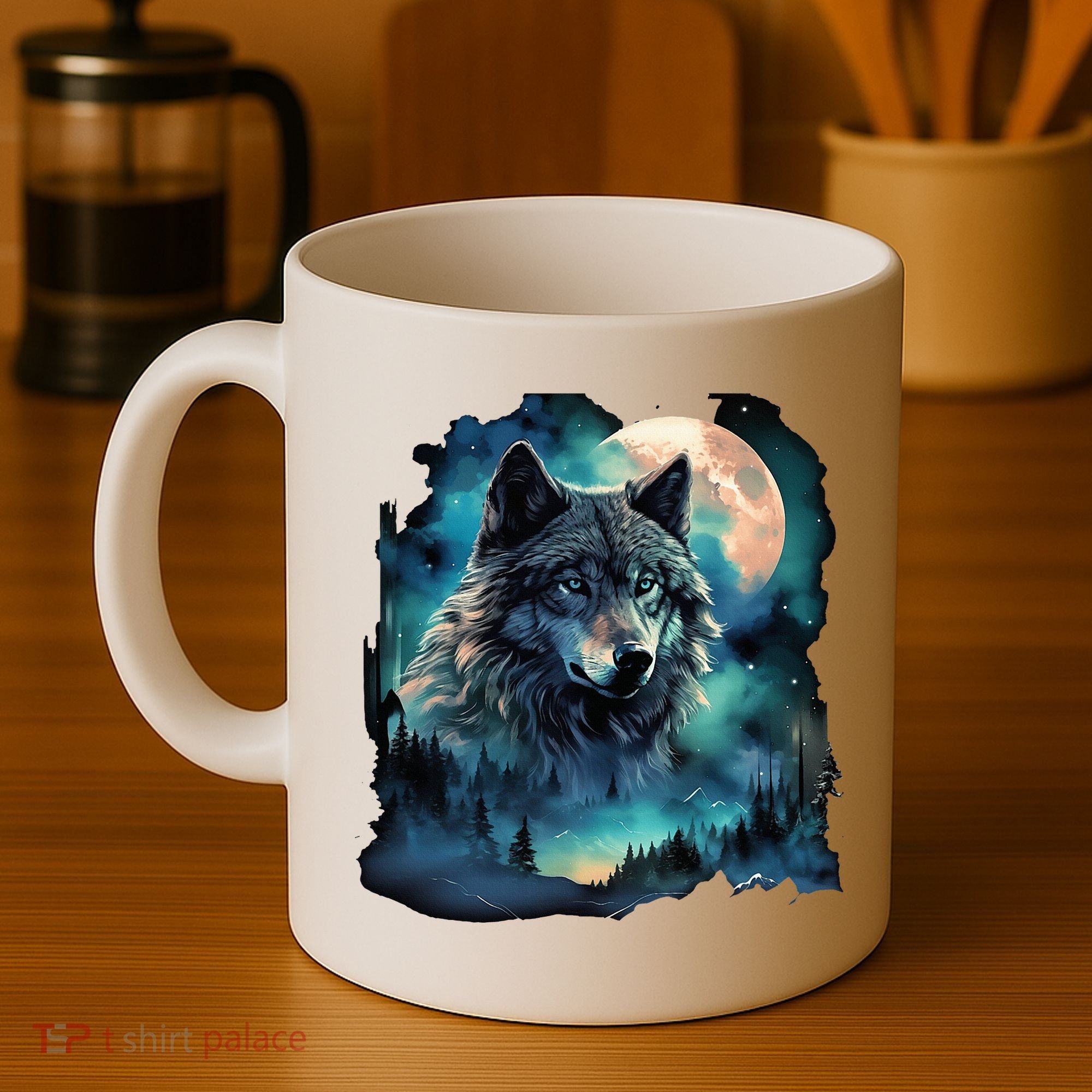 Grey Wolf Hunting Grounds Icy Moon Forest Galaxy Coffee Mug