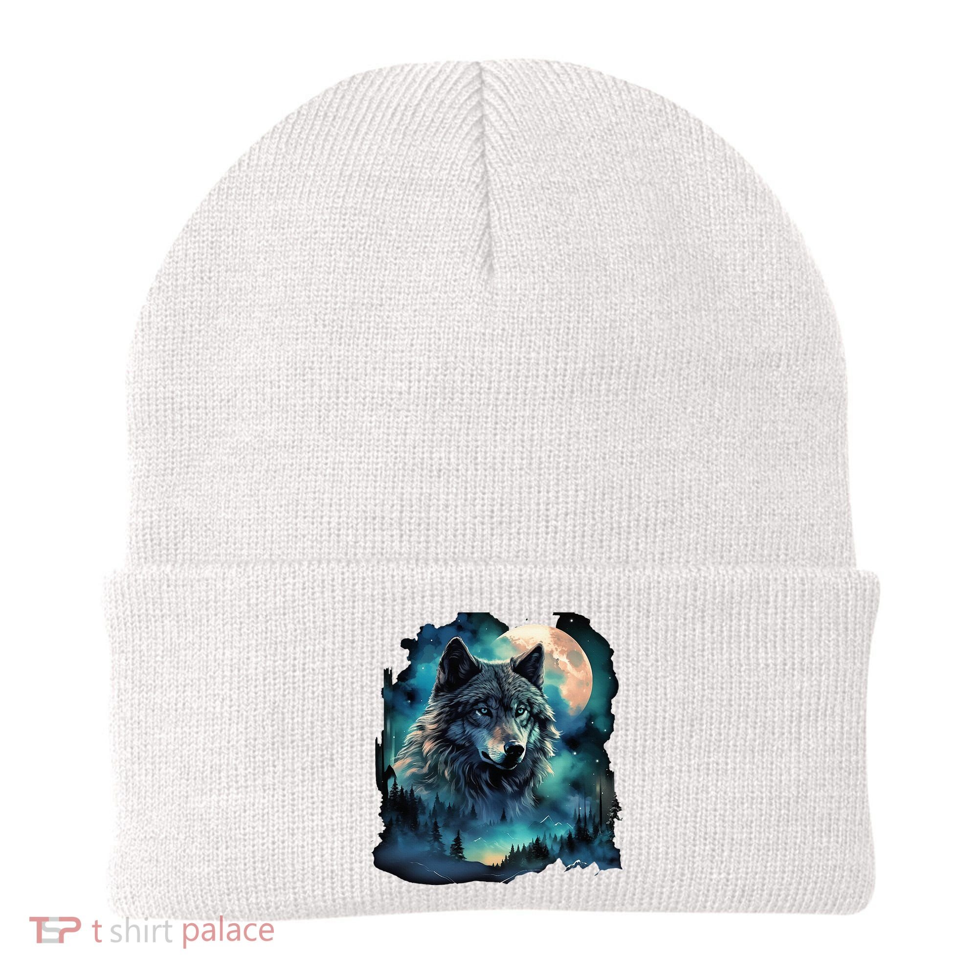 Grey Wolf Hunting Grounds Icy Moon Forest Galaxy Beanie