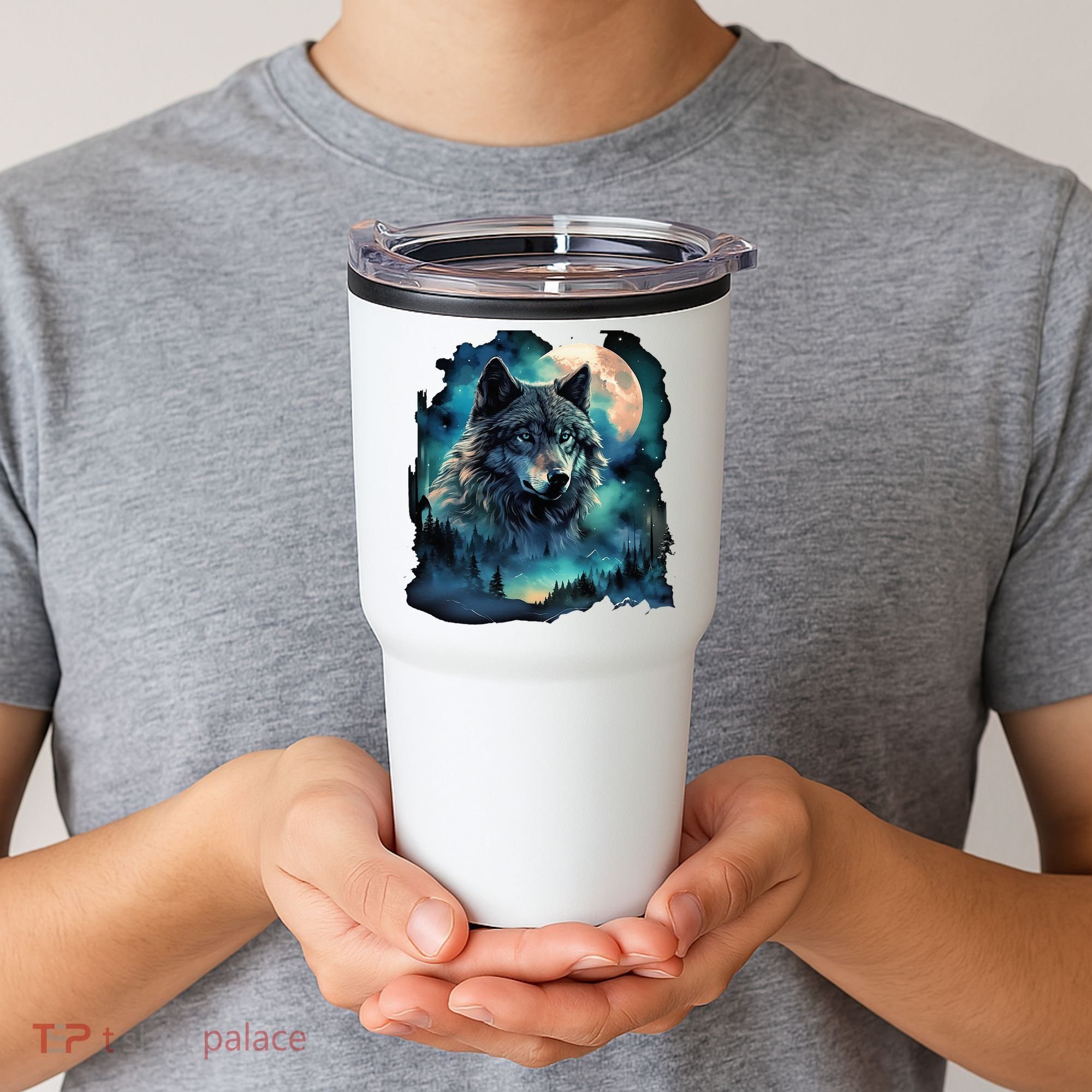 Grey Wolf Hunting Grounds Icy Moon Forest Galaxy Tumbler