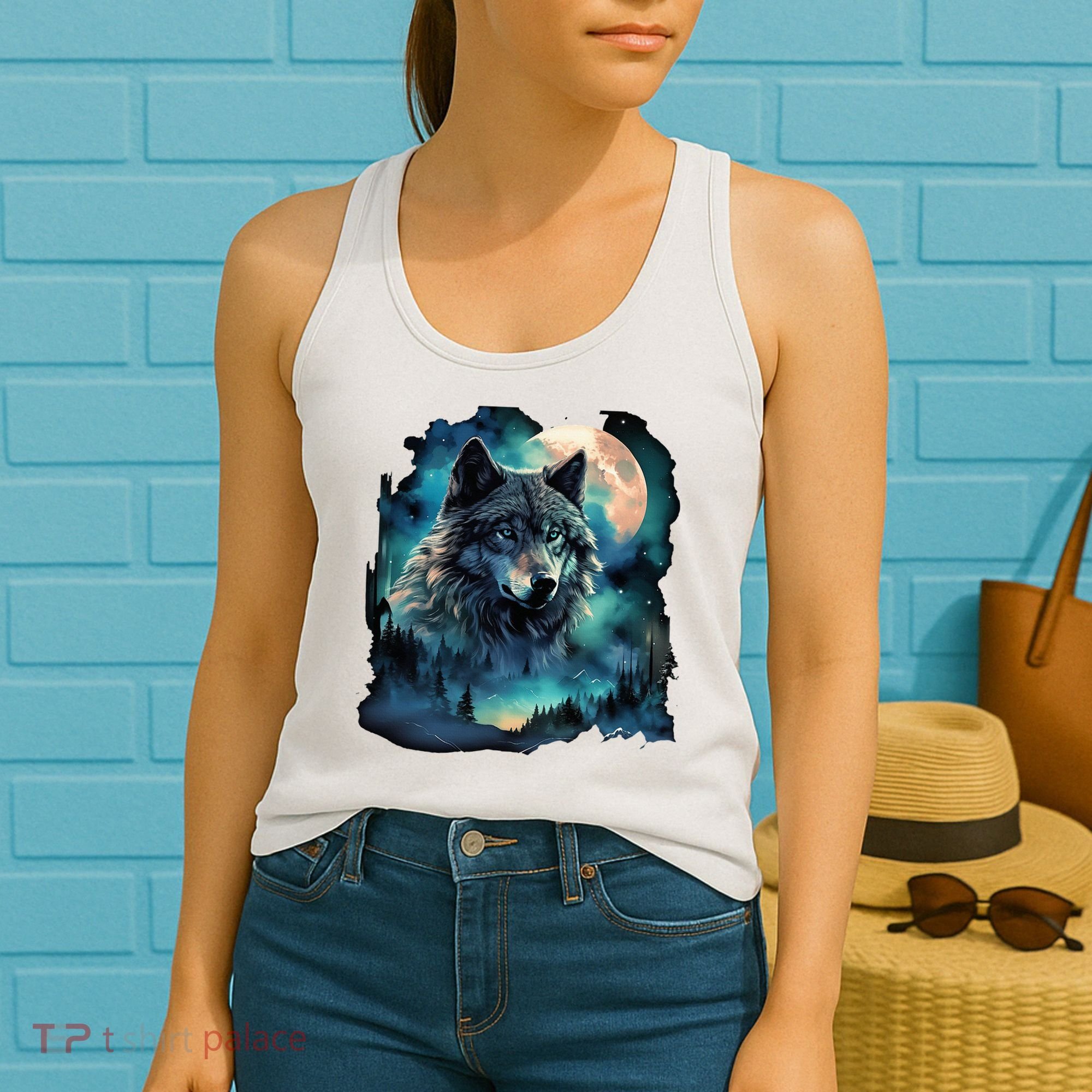 Grey Wolf Hunting Grounds Icy Moon Forest Galaxy Women's Tank Top