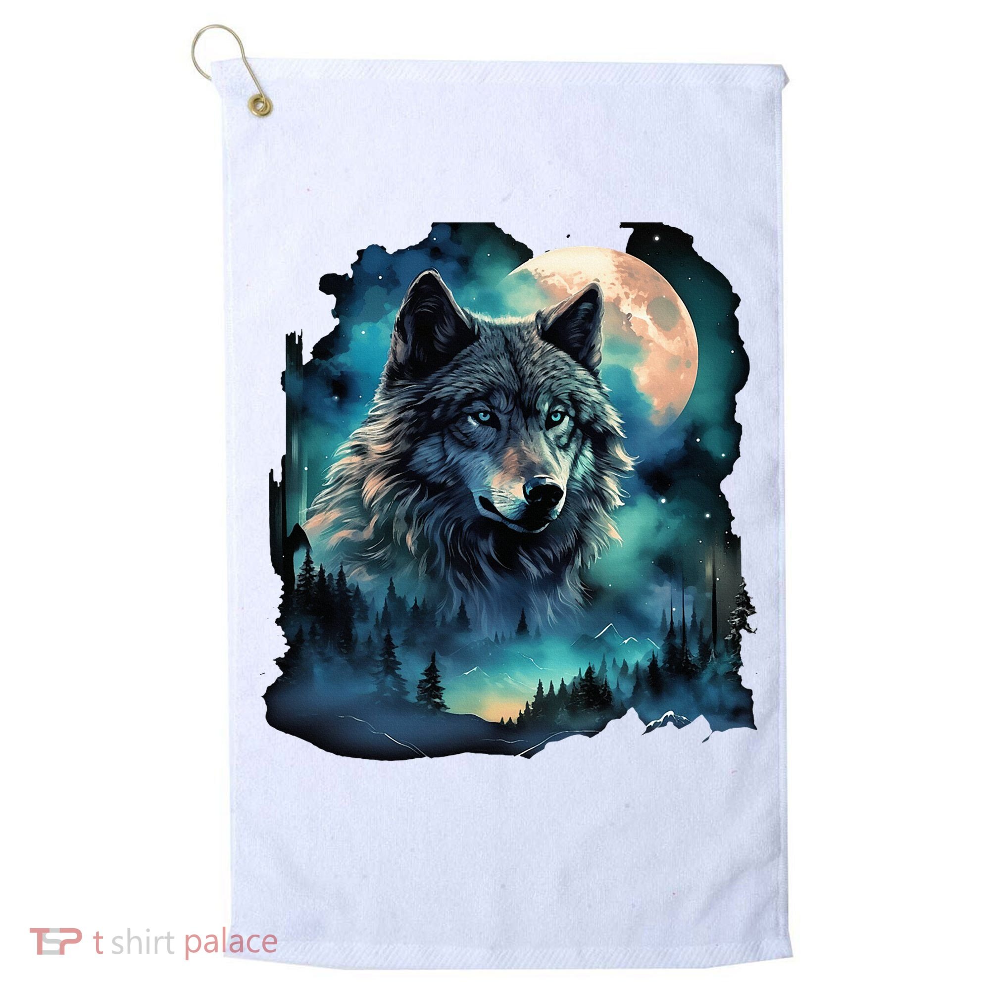 Grey Wolf Hunting Grounds Icy Moon Forest Galaxy Golf Towel
