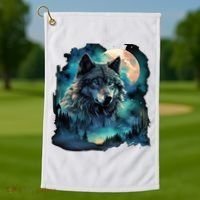 Grey Wolf Hunting Grounds Icy Moon Forest Galaxy Golf Towel thumb 1