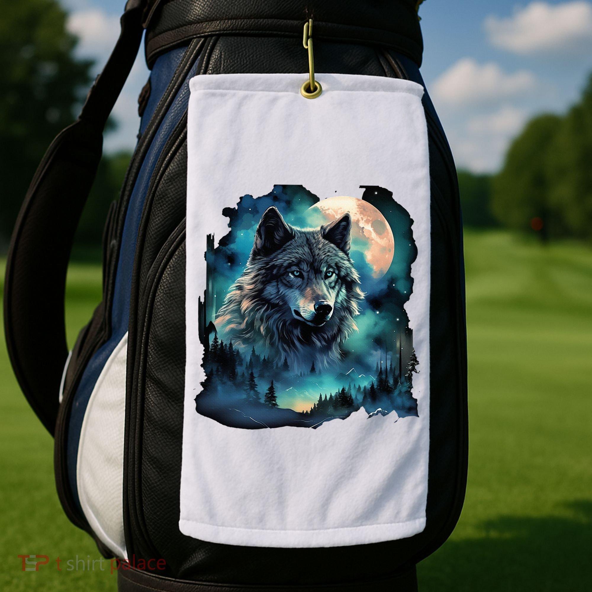 Grey Wolf Hunting Grounds Icy Moon Forest Galaxy Golf Towel