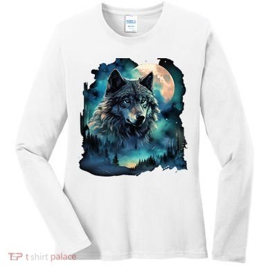 Grey Wolf Hunting Grounds Icy Moon Forest Galaxy Women's Long Sleeve Shirt
