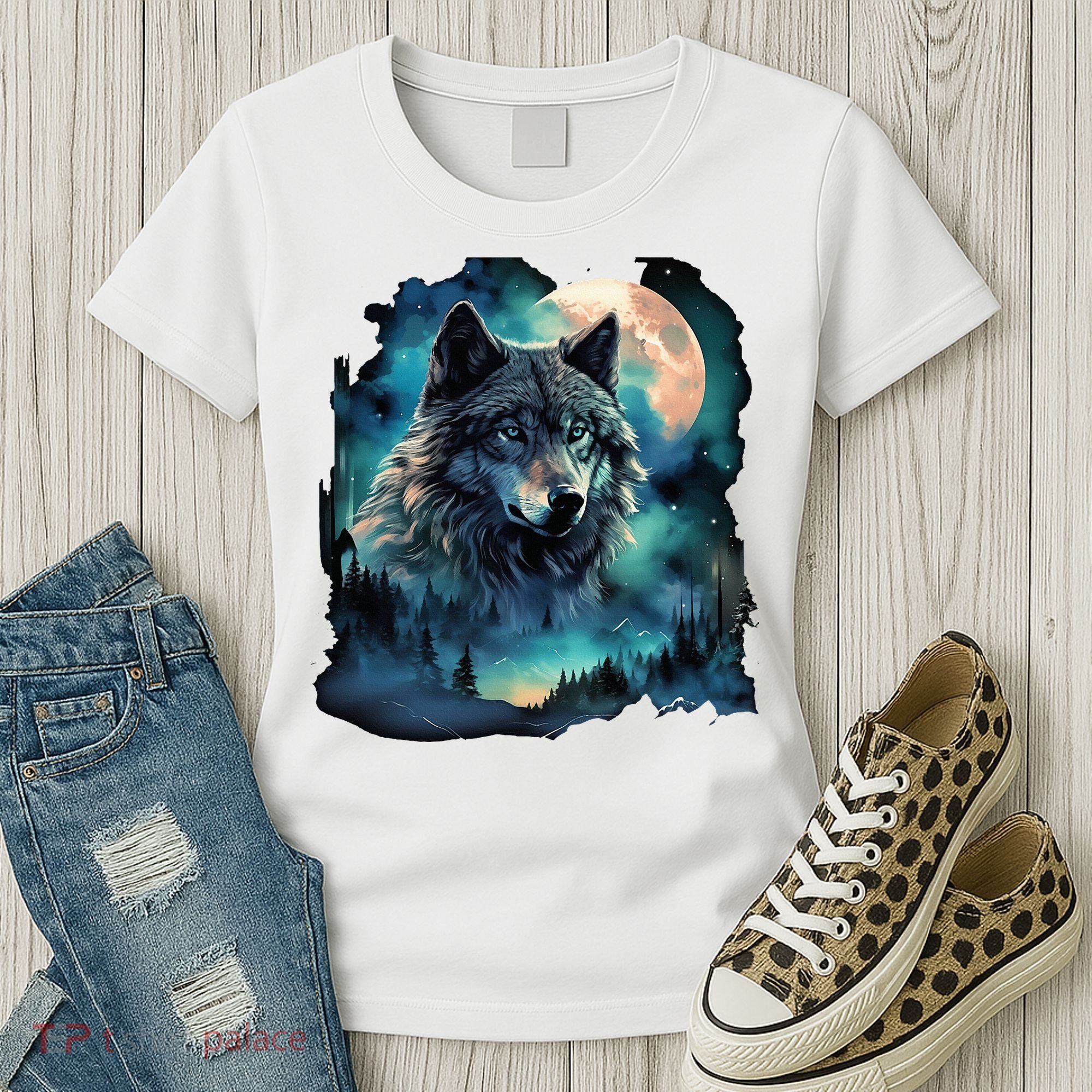 Grey Wolf Hunting Grounds Icy Moon Forest Galaxy Women's T-Shirt