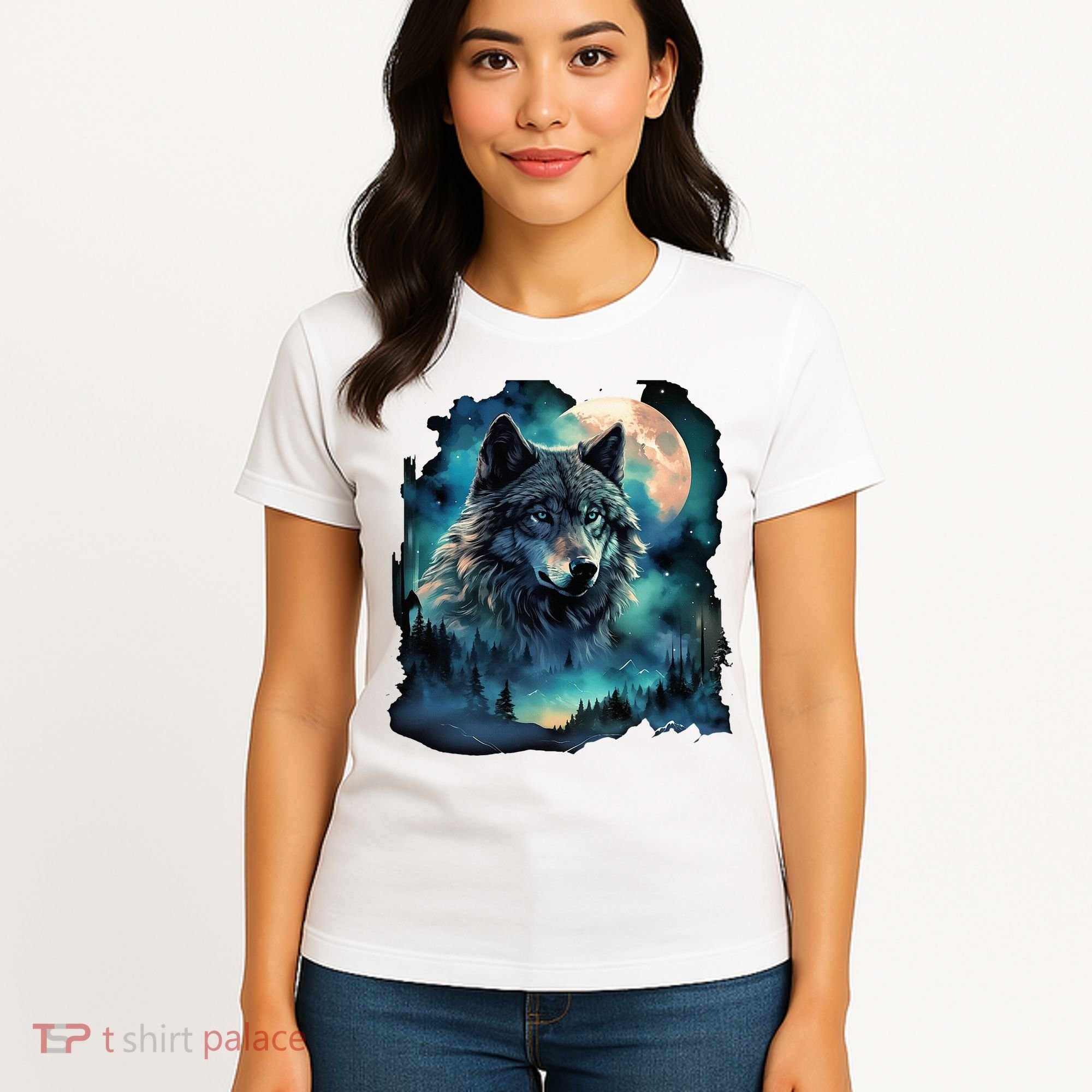Grey Wolf Hunting Grounds Icy Moon Forest Galaxy Women's T-Shirt