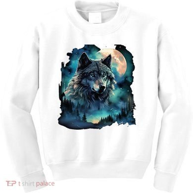 Grey Wolf Hunting Grounds Icy Moon Forest Galaxy Kids Sweatshirt