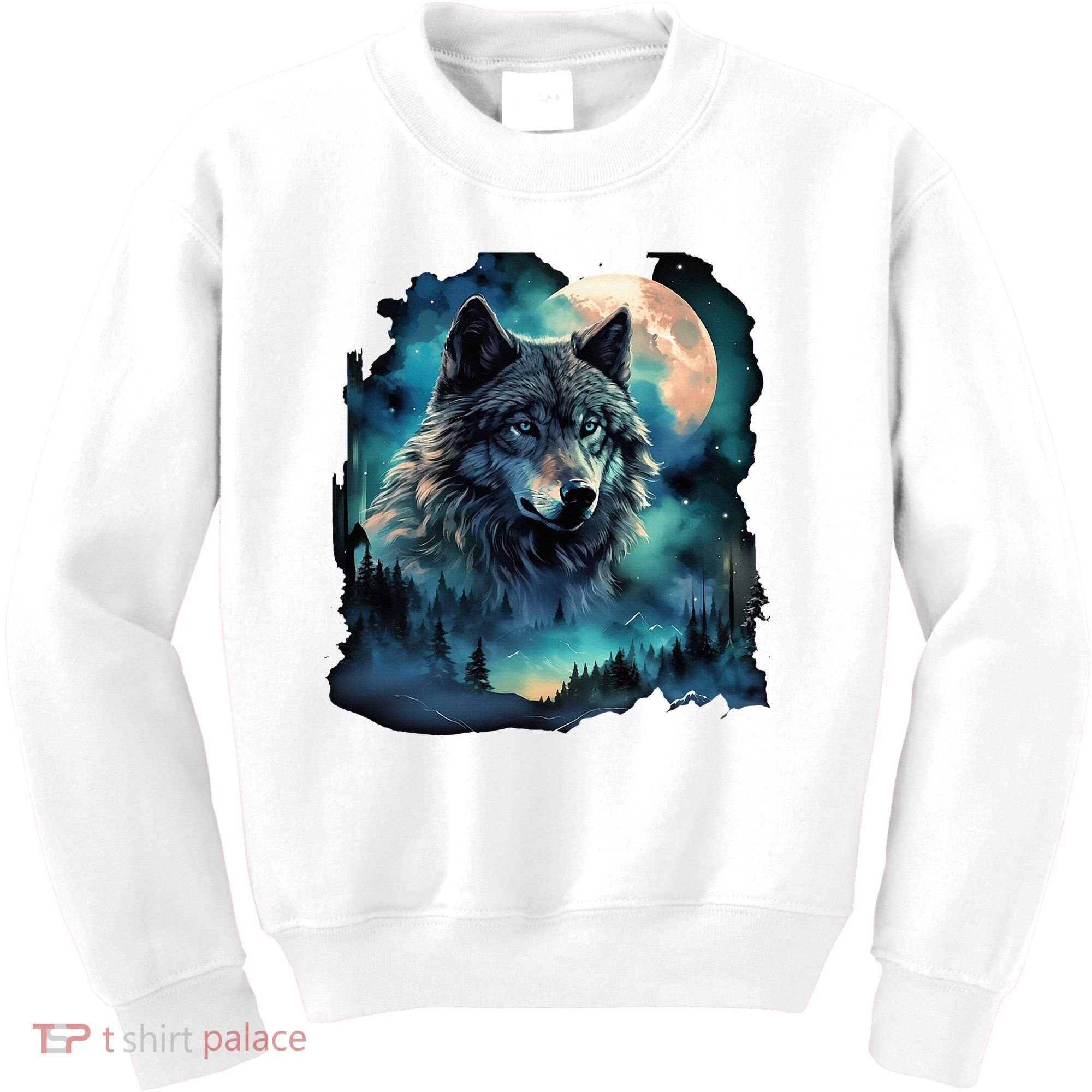 Grey Wolf Hunting Grounds Icy Moon Forest Galaxy Kids Sweatshirt