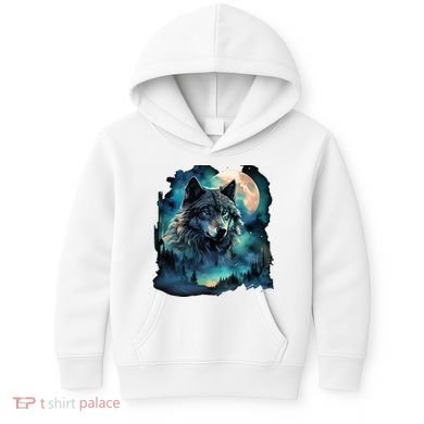 Grey Wolf Hunting Grounds Icy Moon Forest Galaxy Kids Hoodie