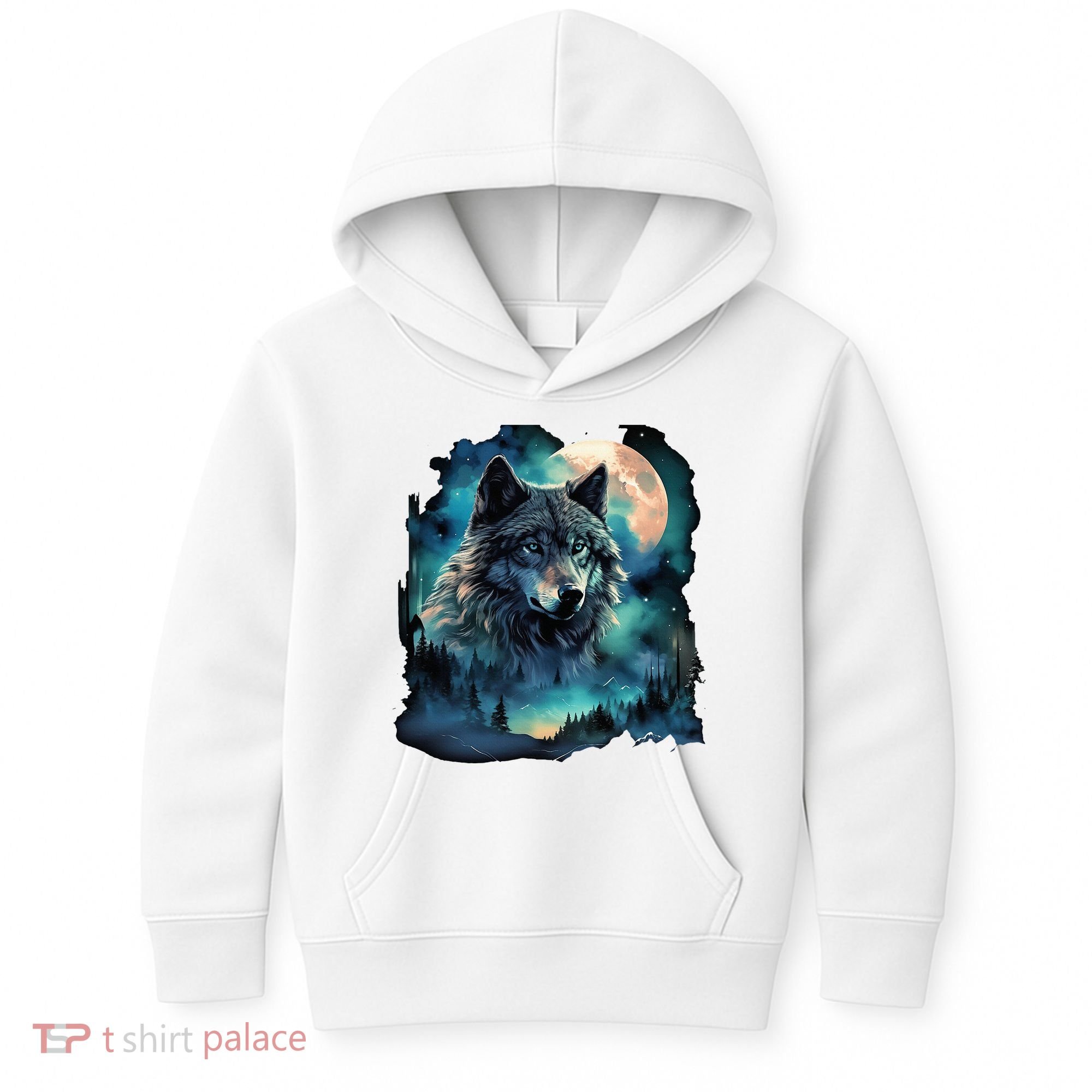 Grey Wolf Hunting Grounds Icy Moon Forest Galaxy Kids Hoodie